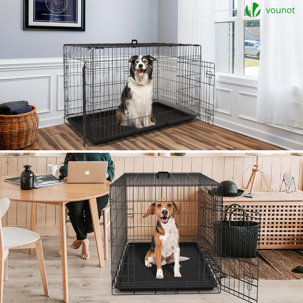 VOUNOT® Jaula para Perros de Alambre Metálico de 2 Puertas, Caja para Perros Perrera Plegable con Bandeja de Plástico Extraíble y Asa de Transporte, 122x75x81cm, Negro