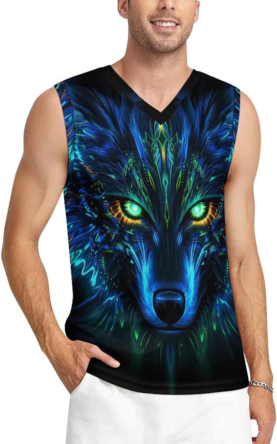 Wolf with Green Eyes Men's V-Neck Basketball Tank Top Sleeveless Workout Tank Shirts Gym Fitness Tees Vest
