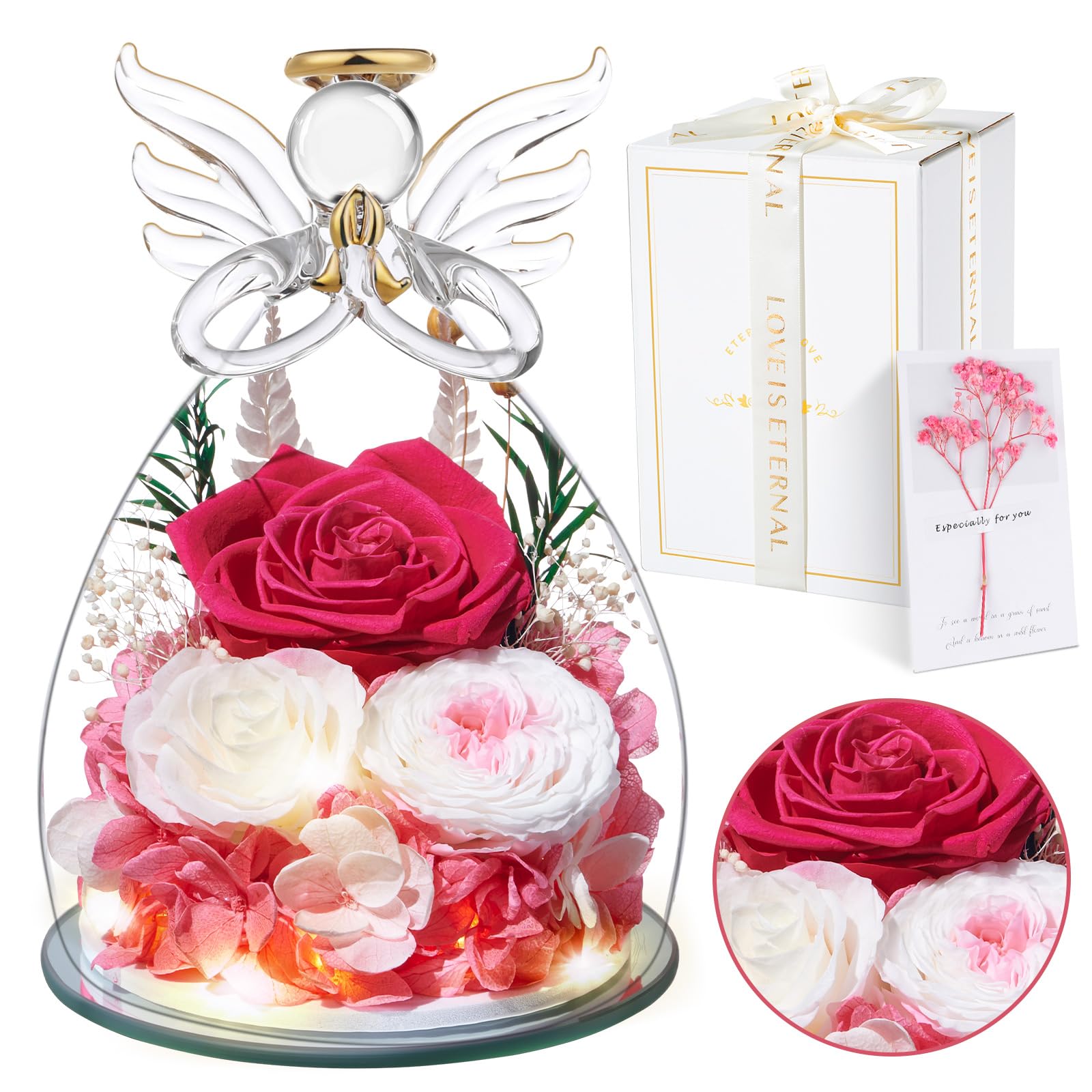 Touloube Festa della Mamma Rosa Stabilizzata Vera Regalo, Regalo Rosa Eterna con Angelo e Luci LED, Regalo Compleanno Anniversario San Valentino per Fidanzata, Moglie, Mamma, Donna, Madre, Nonna