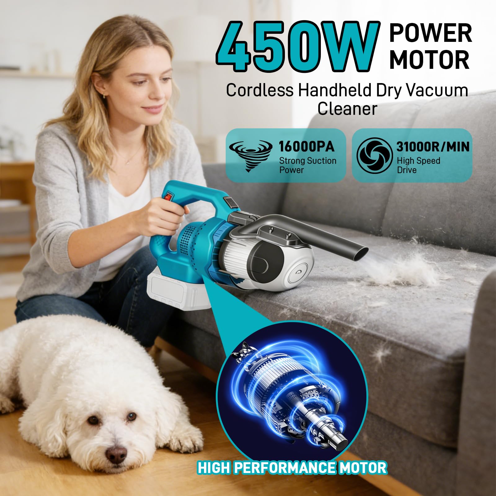 Aspirapolvere manuale a batteria per Makita 18 V, 16000 Pa con grande contenitore per la polvere da 0,7 l, aspirapolvere portatile 5 in 1 per peli di animali domestici, tappeti/pavimenti duri/auto