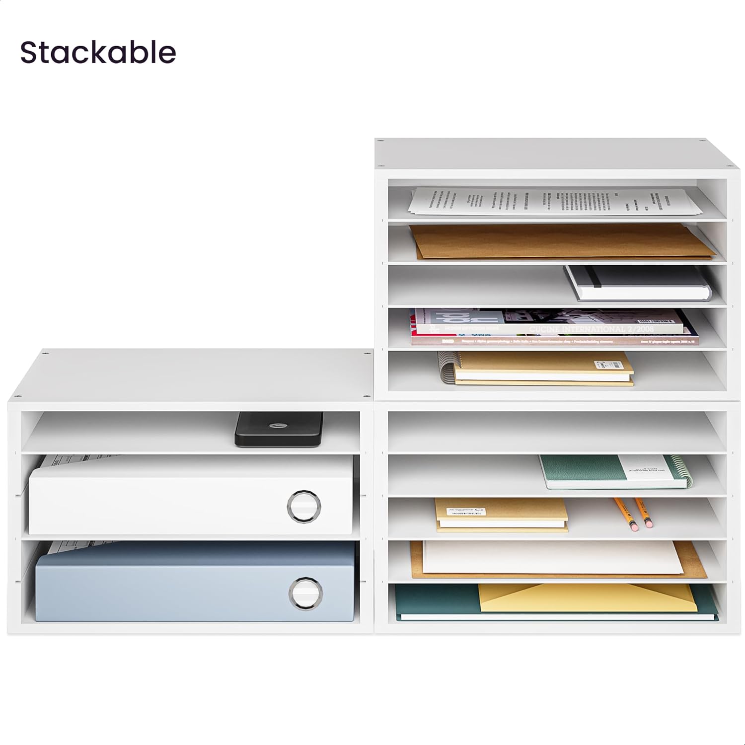 Ballucci 5 Tier Paper Organizer Letter Tray, Wood Desk File Organizer with Adjustable Shelves, Home Office School Letter/A4 Mail Sorter Magazine Holder - White