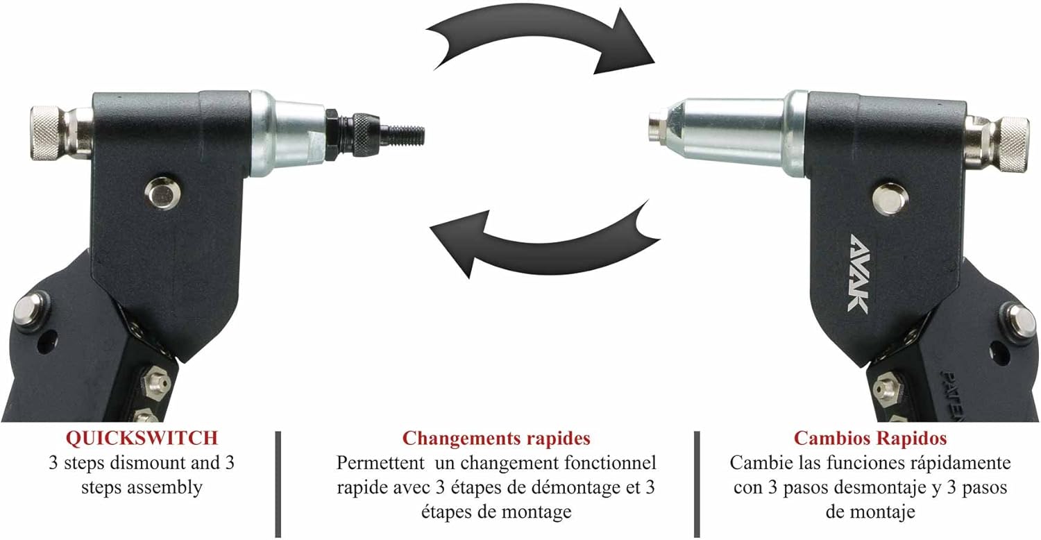 AVAK MaxDuty Swivel Trio - 3-in-1 360° Heavy Duty Swivel Head Fastening Tool for 6.4mm Rivet, M10 Blind Rivet Nut and M8Rivet Stud. (Metric Coarse)