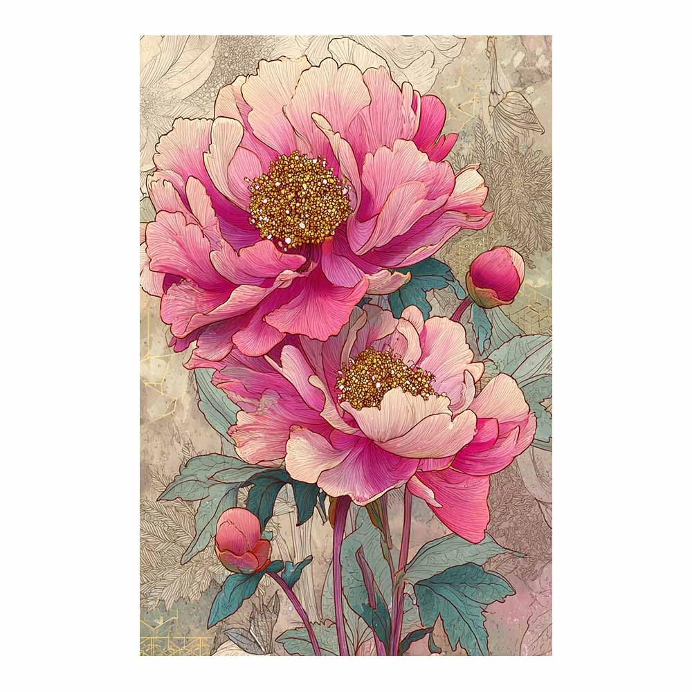 Hoqiu Multicolor Botanical Prints Pink Peony Gold Art Artwork, Wall Decoration Living Room Bedroom Hallway Stairs Decoration.(Multicolor)-80X120cm Unframed