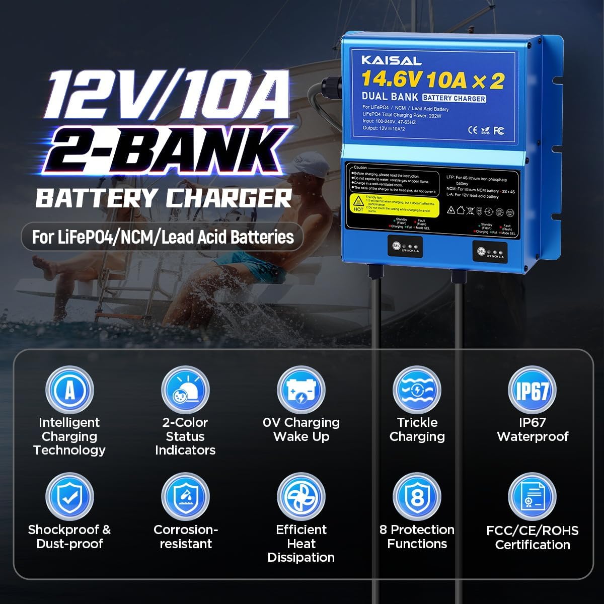 2 Bank Marine Battery Charger 12V 20A(10A/Bank) IP67 Waterproof 14.6V LiFePO4 & Lead-Acid & NCM Lithium Battery Charger 12 Volt 0V Wake Up 12V Charger, Onboard Charger for Boat, Car,RV, Trolling Motor