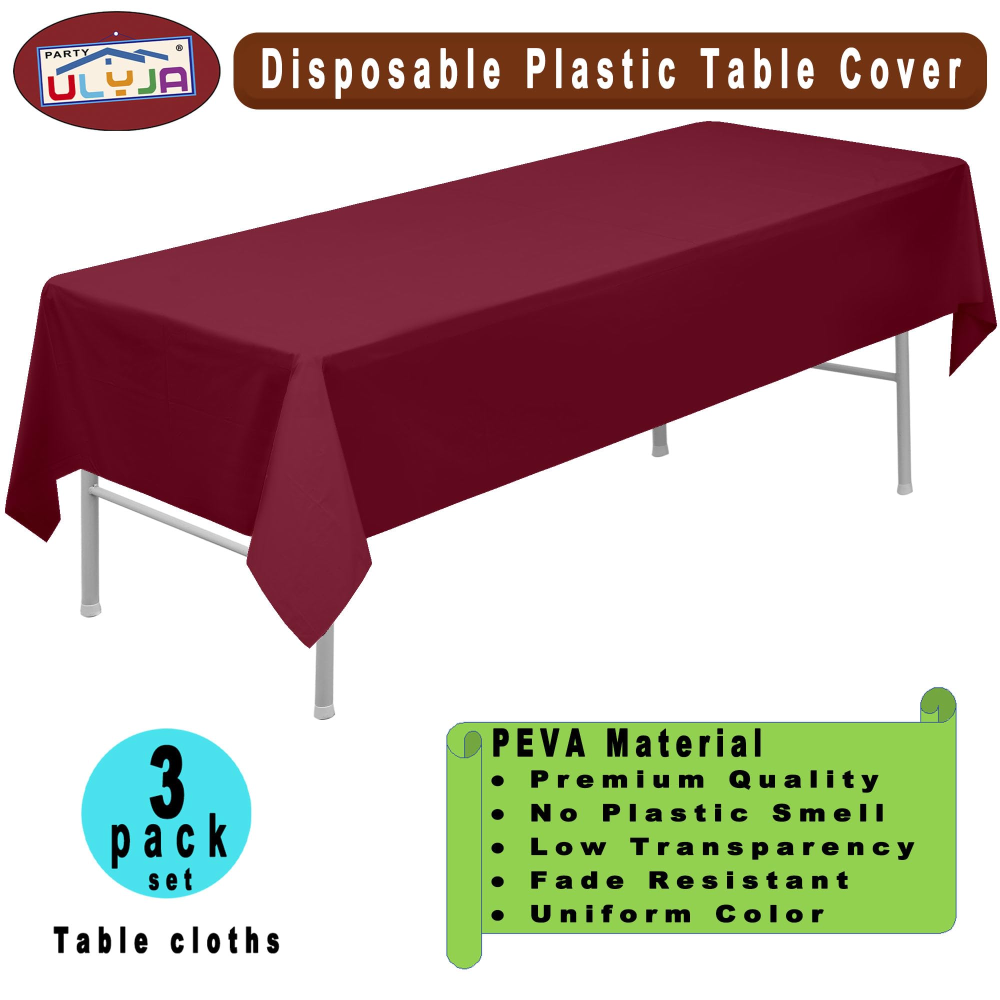 Burgundy Plastic Tablecloths 3 Pack Disposable Table Covers 54 x