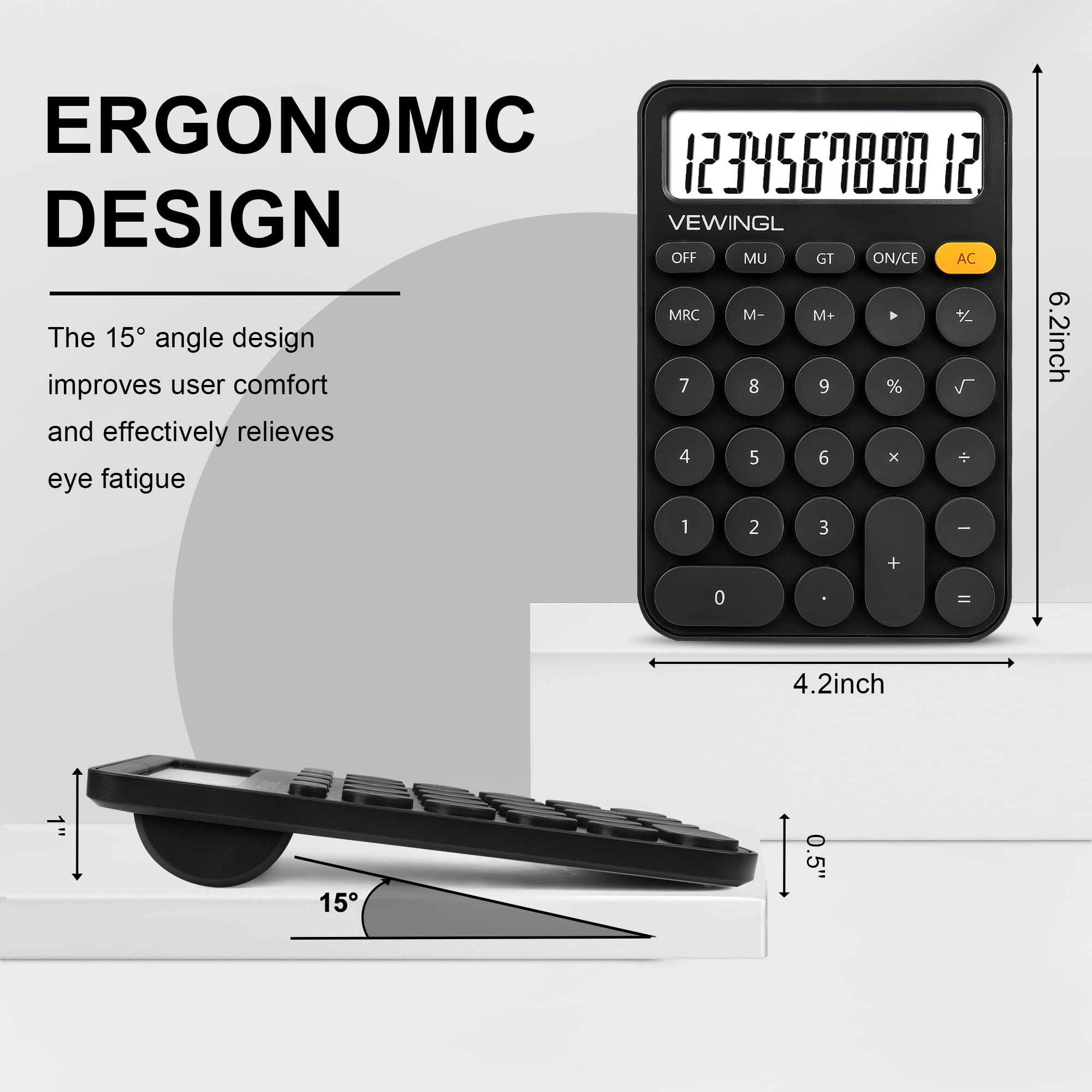 Standardrechner, 12 Ziffern, 15,7 x 10,7 cm großes Desktop-Display und Tasten, Taschenrechner mit großem LCD-Display für Büro, Schule, Zuhause und Geschäft, automatischer Schlafmodus, 15 ° neigbarer