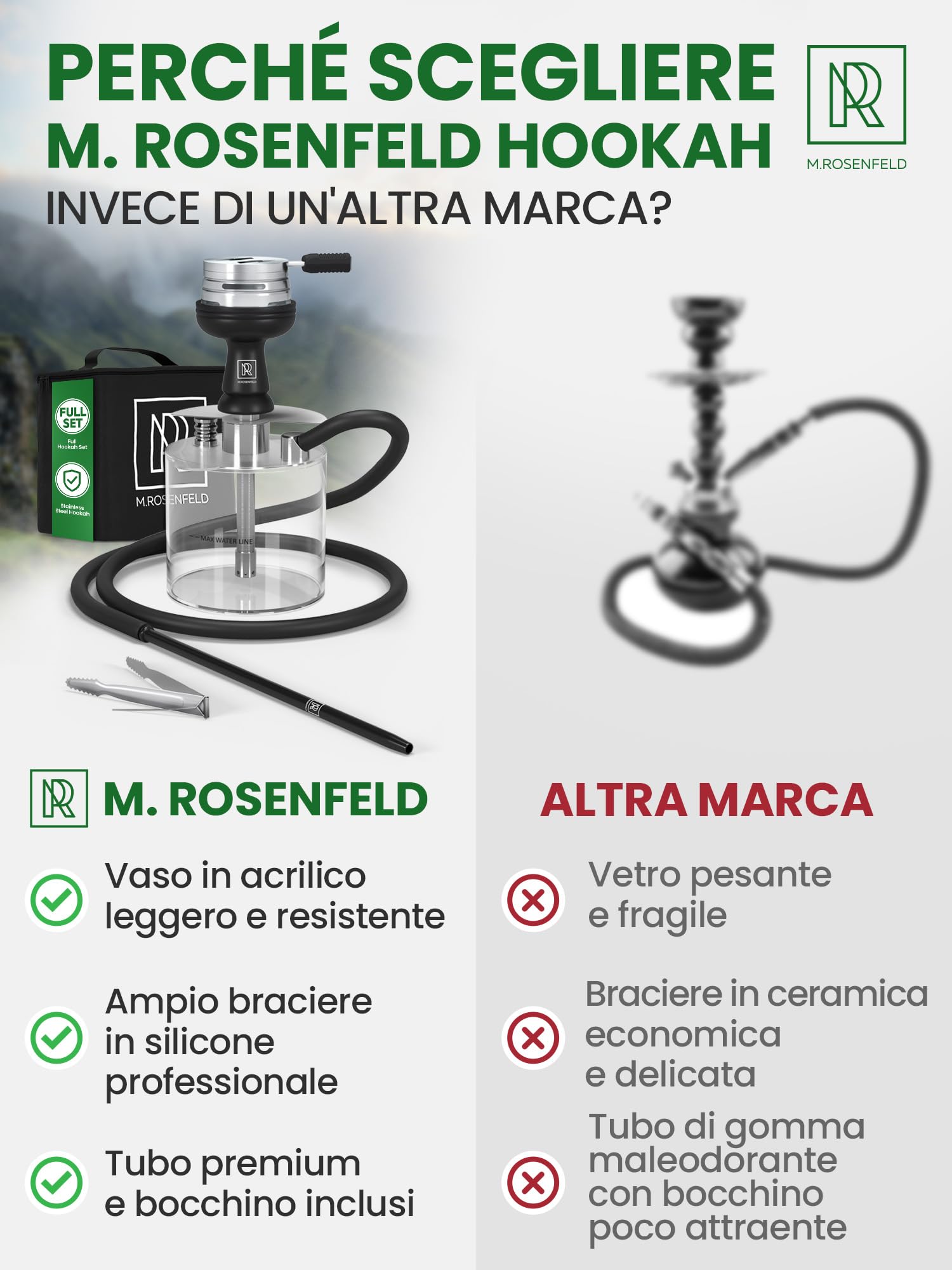 Narghilè Completo Kit M. ROSENFELD Con Borsa Yado - Shisha Narghile Piccola Per Viaggio In Acciaio Inossidabile - Narghile Completa Con Accessori Premium [set Testa Narghilè + Tubo + Bocchino]