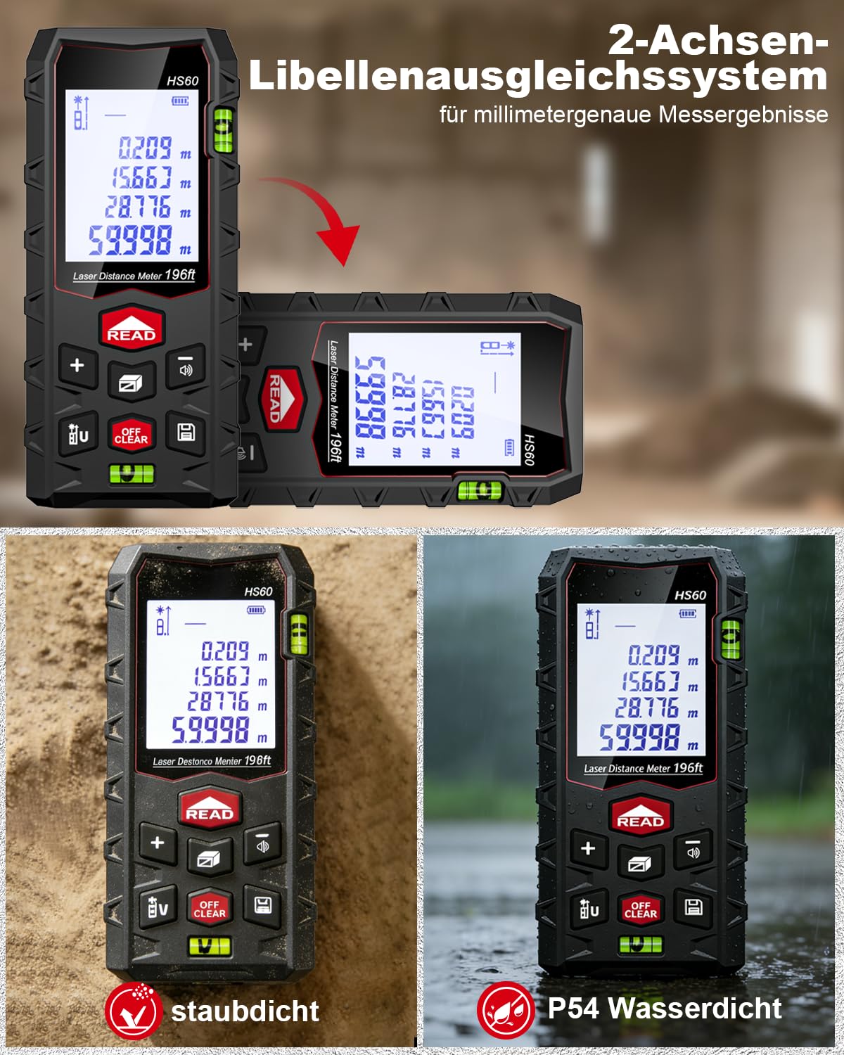 Laser Entfernungsmesser Messgerät für Räume - Dual-Level IP54 Wasserdicht, Entfernungs-/Flächen-/Volumenmessung, Großes LCD mit Hintergrundbeleuchtung, für Innen- & Außenbereich
