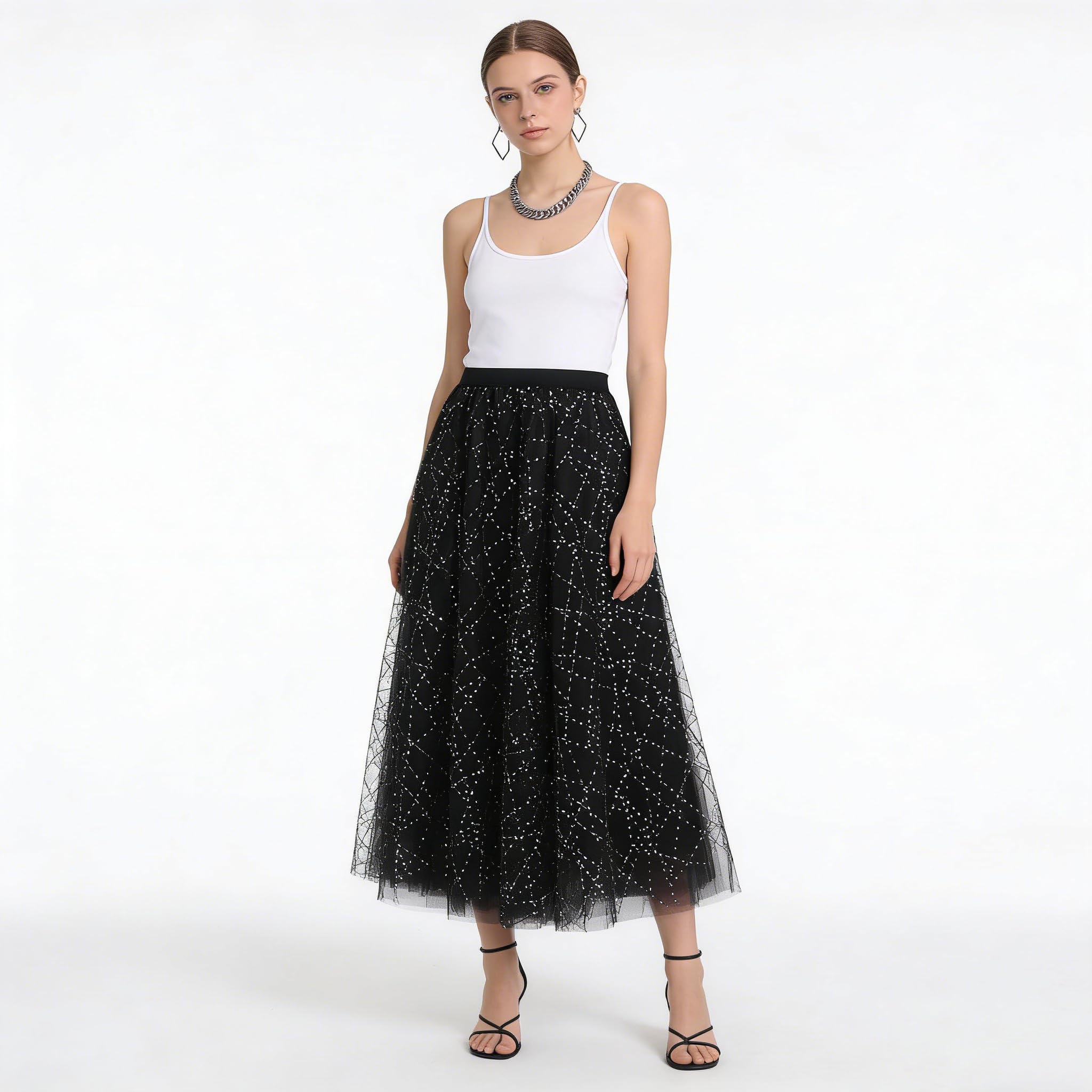 Falda Midi Brillante para Mujer con Forro Cintura Alta Corte a Enagua Faldas Tul con Lentejuelas Brillantes para Salidas Nocturnas Clubes Conciertos Cócteles.