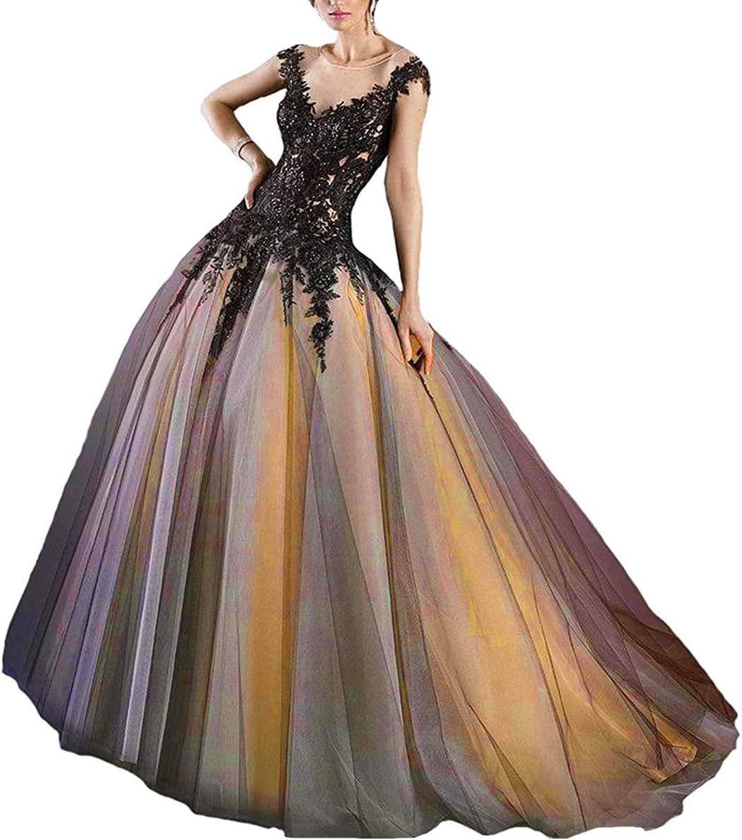 Women Gothic Dropped Ball Gown Wedding Dress Long Black Lace Prom Dress