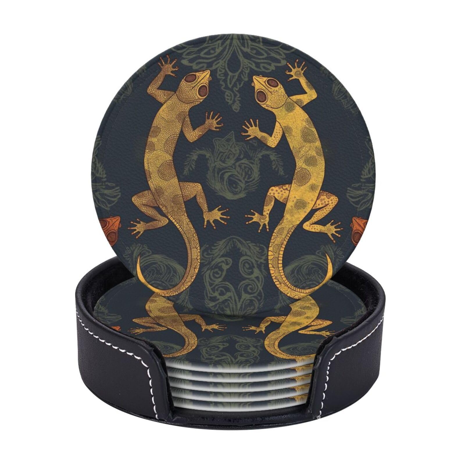 Round Coasters for Drinks Set of 6 - PU Leather Coasters with Holder - Modern Drink Coasters for Coffee Table - Gecko Lizards Coaster for Tabletop Protection 4" Cup Mat Pad