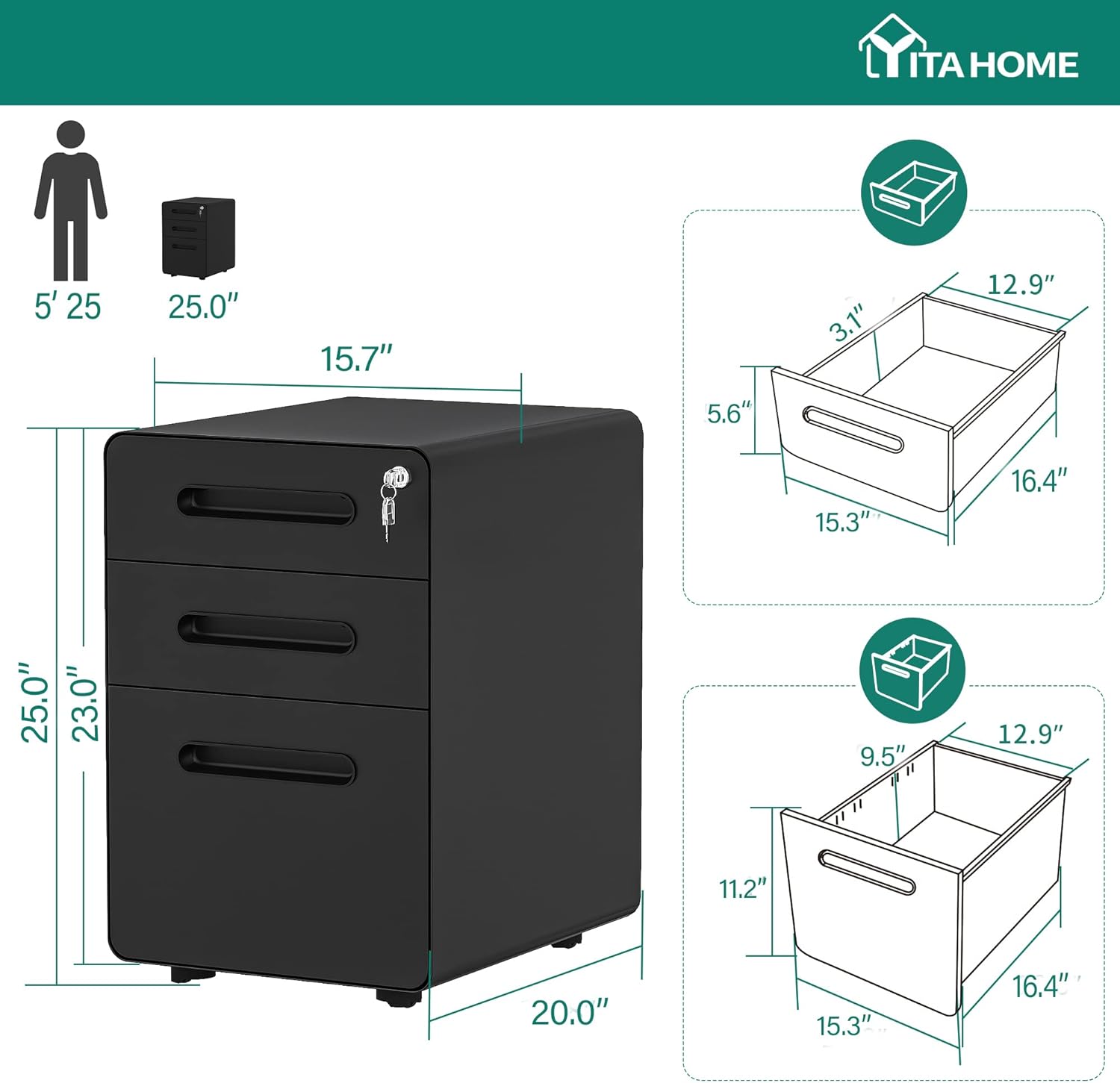 YITAHOME 3-Drawer Metal Mobile File Cabinet, Rolling Filing Cabinet with Lock, Filing Cabinet Under Desk fits Legal/Letter/A4 Size for Home/Office, Fully Assembled : Office Products