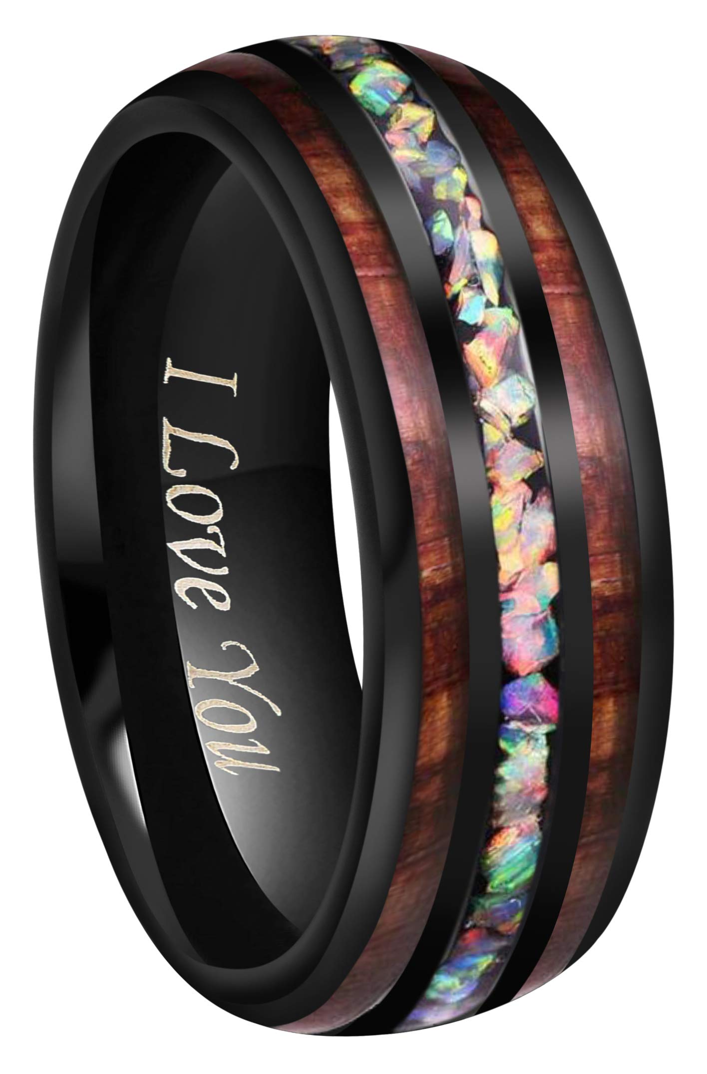 CROWNAL 4mm 8mm Handmade Genuine Crushed Fire Opal Balck Tungsten Carbide Men Women Wedding Band With Koa Wood Inlay Engraved I Love You Size 7 To 17