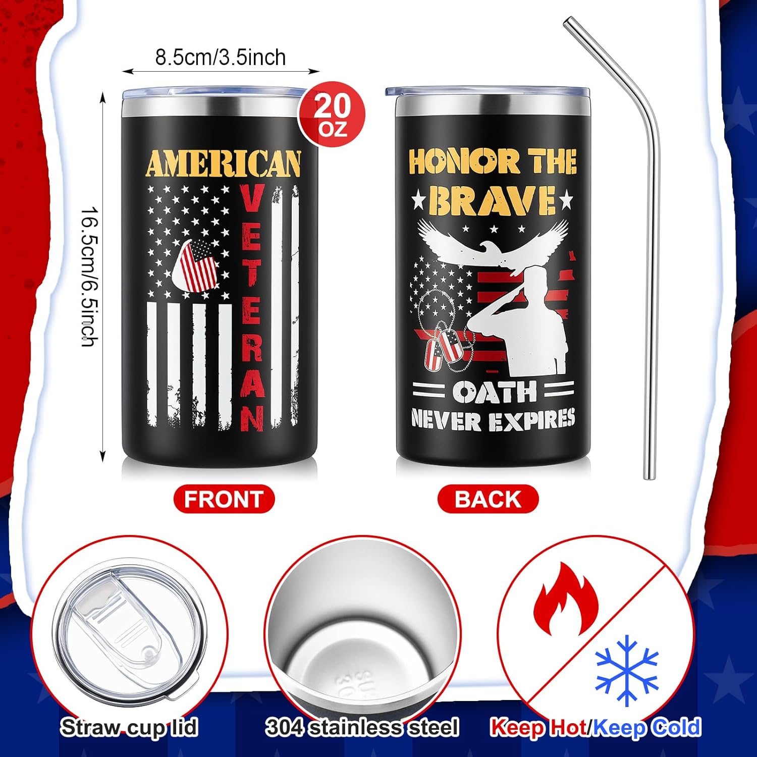 Patelai Christmas Gifts for Men Veterans, 20oz Patriotic Military Tumbler Set with Keychain & Poppy Pin, USA Flag Gifts for Dad Grandpa Husband, Stocking Stuffers for Army Navy Air Force Soldiers - Image 2
