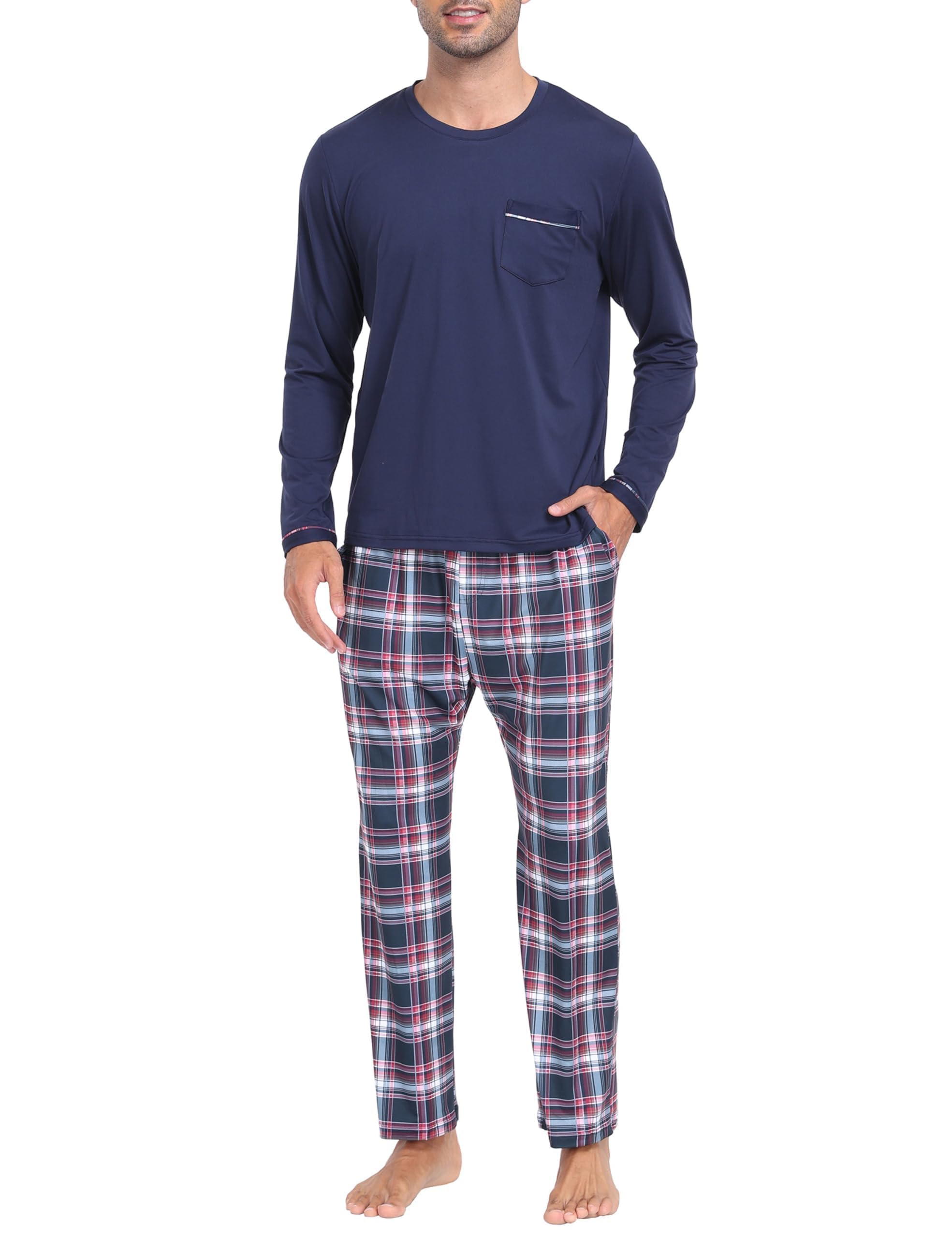 MoFiz Pijamas Largo Hombre Invierno Suave Cálido Ropa de Dormir Conjunto de Pijama Manga Larga Camiseta y Pantalón de Pijama a Cuadros con Bolsillos
