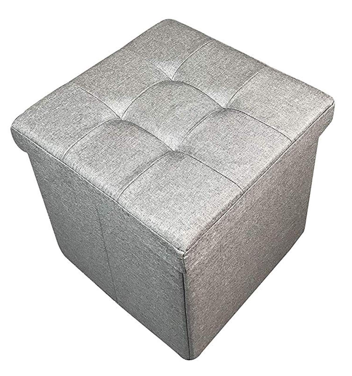 HomeHarmony® Quilted Top Folding Storage Ottoman Seat, Stool, Toy Storage Box Linen Look (Grey, Medium)