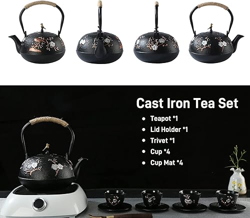 Miniatura 4 de Juego de té de estilo japonés, hermoso juego de tetera de hierro fundido negro con 4 tazas, 4 tapetes, 1 salvamanteles y 1 soporte de tapa, tetera