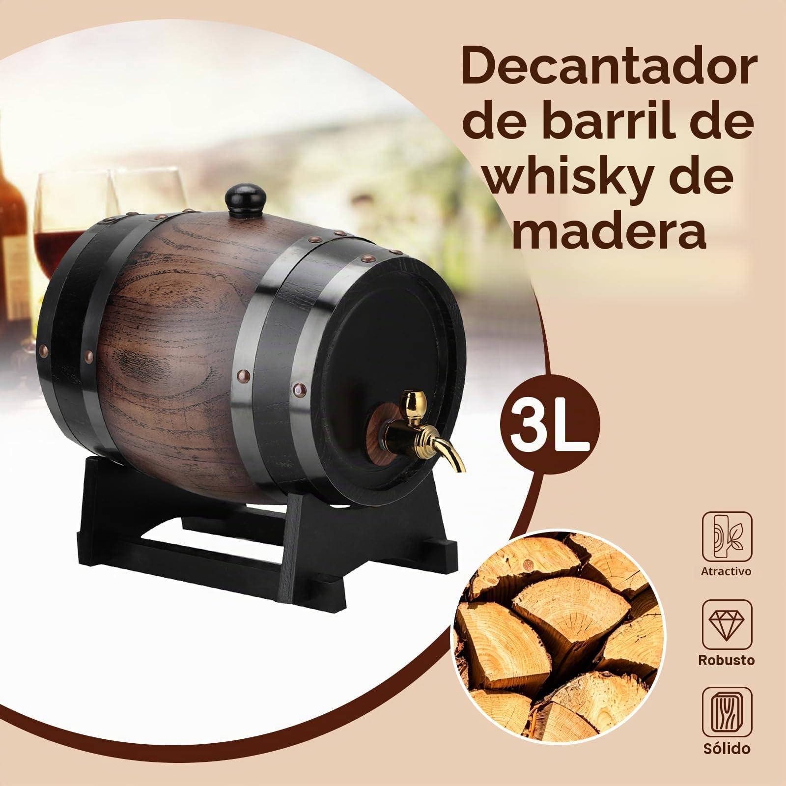 Barril de Whisky, Barril de Roble de 3 Litros, Dispensador de Vino con Grifo, Madera de Roble, para Hogar, Cafetería, Restaurante, Hotel