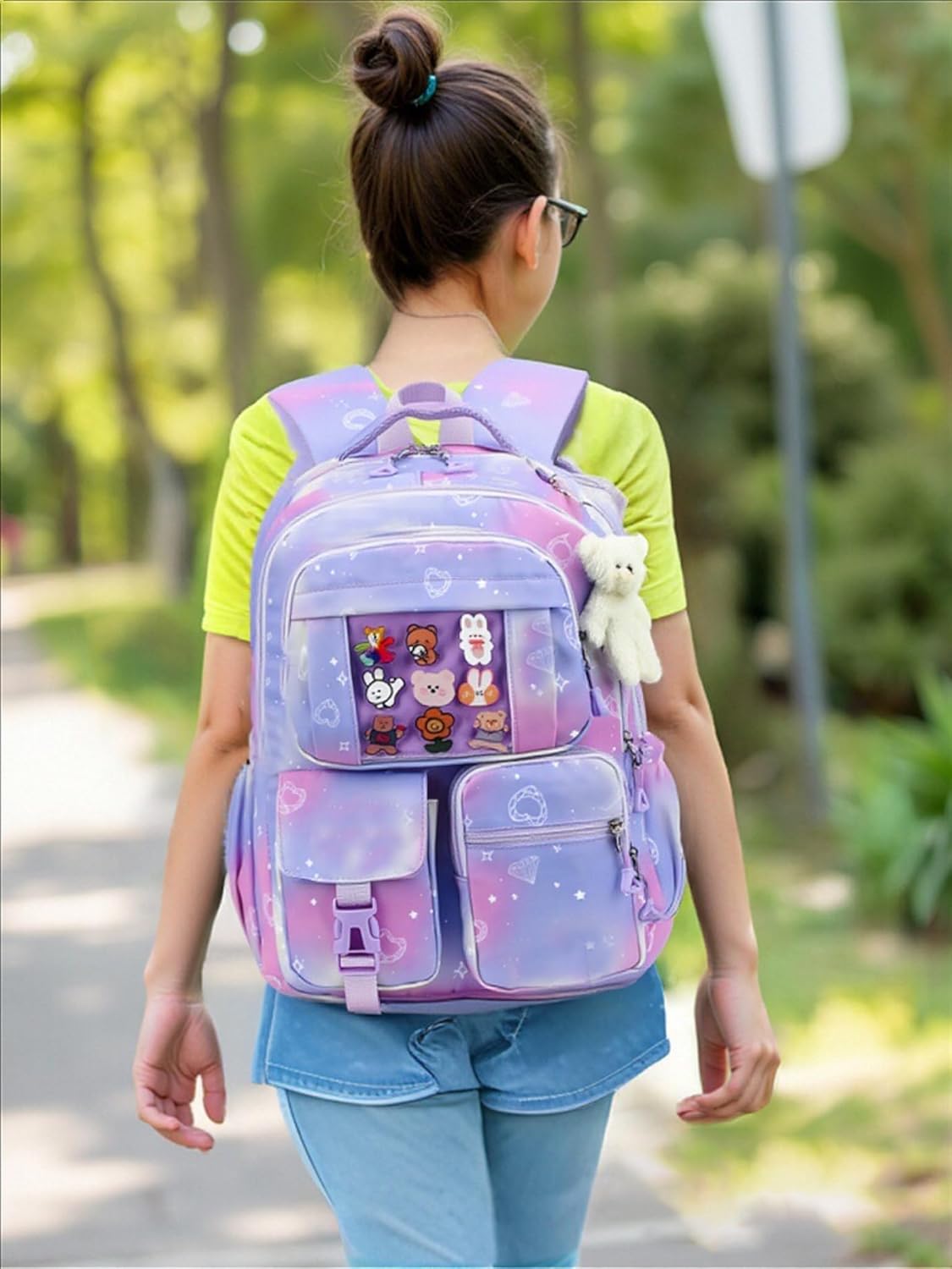 Kids Backpack for Girls Cute School backpack with Lunch Box Kawaii Book Bag Set for Primary Elementary School,Purple