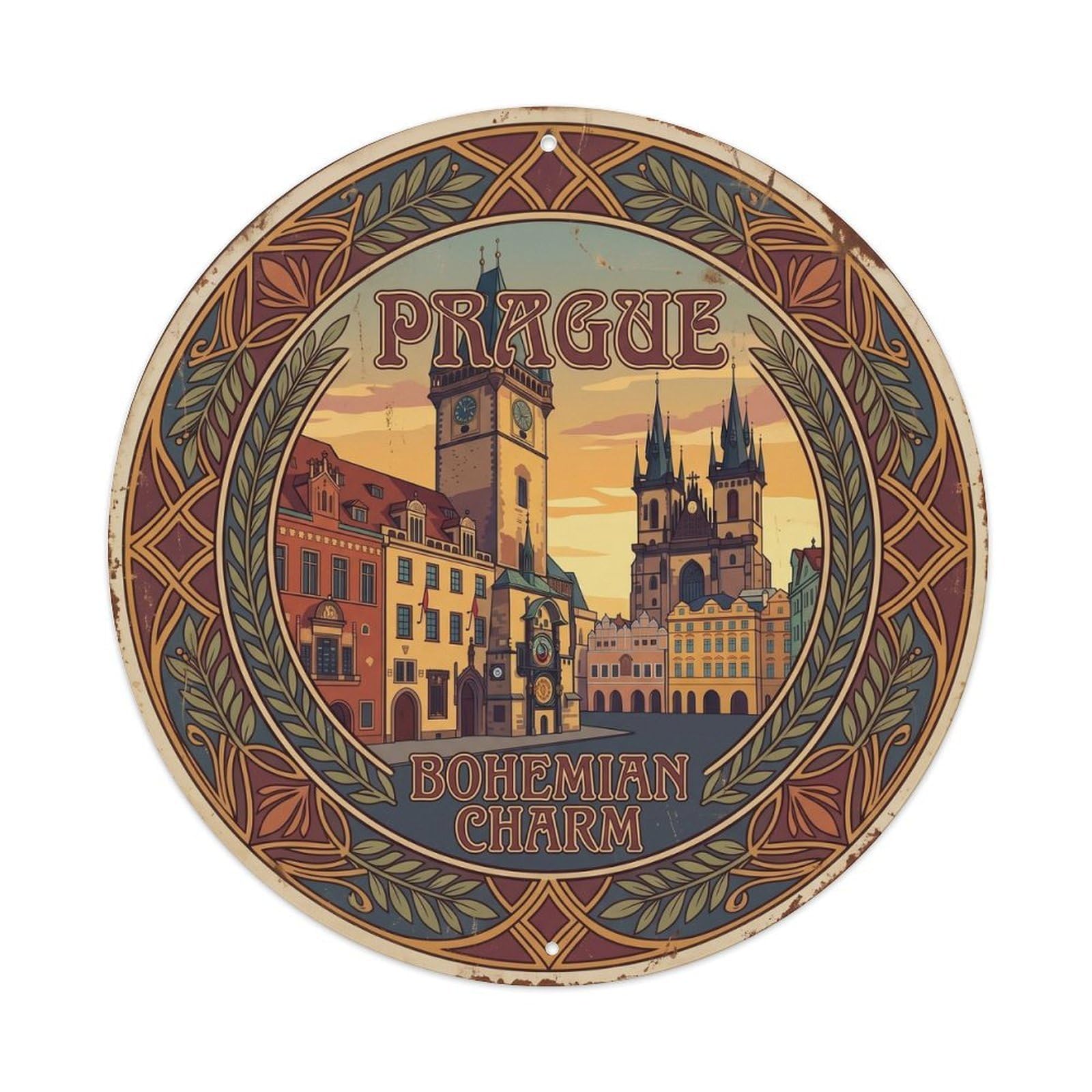 Vintage Travel Prague Square Bohemia Metal Tin Sign Plaque Wall Decor for Cafe, Club Bar, Office, Home Garden Round Metal Poster 8x8Inch