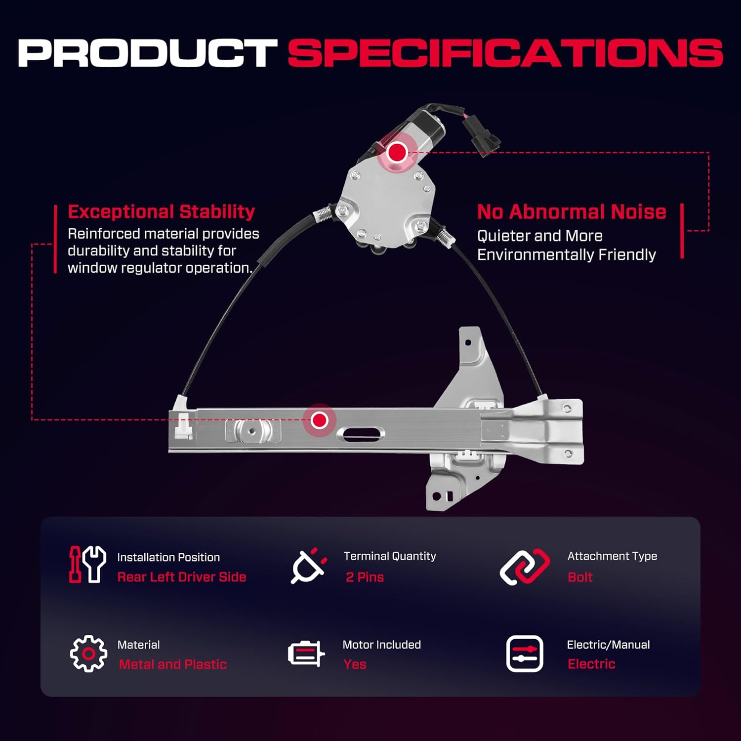 Rear Driver Side Power Window Regulator with Motor (2 Pins) Fit for 2006-2013 Chevy Impala, 2014-2016 Chevrolet Impala Limited Sedan, 748-510