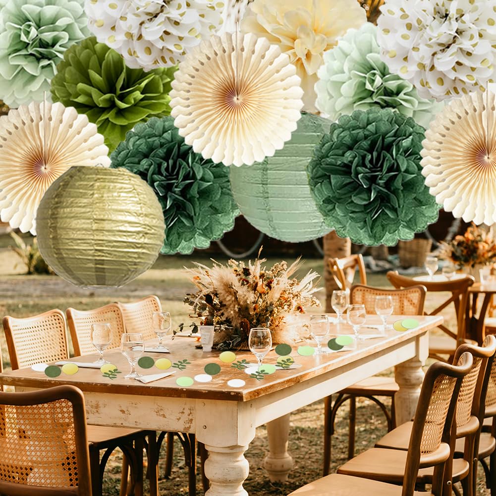 Kit Decorazioni Festa Verde Salvia E Oro - 25cm Pompon, Ventagli, Lanterne E Coriandoli Per Compleanni E Matrimoni