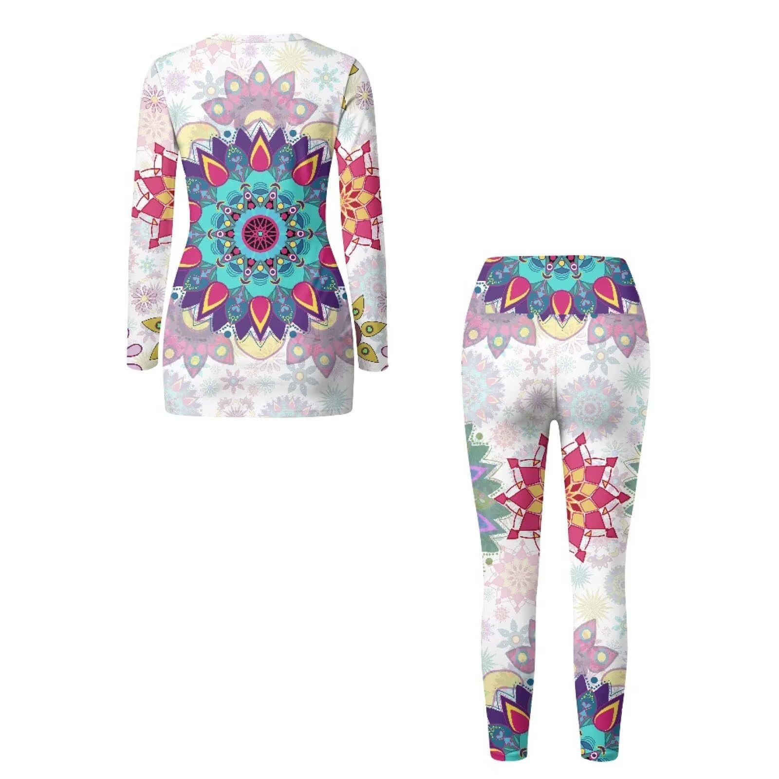 Mandala - Conjunto de yoga para mujer, 2 piezas, manga larga, cuello redondo, levantamiento de glúteos, conjunto de entrenamiento