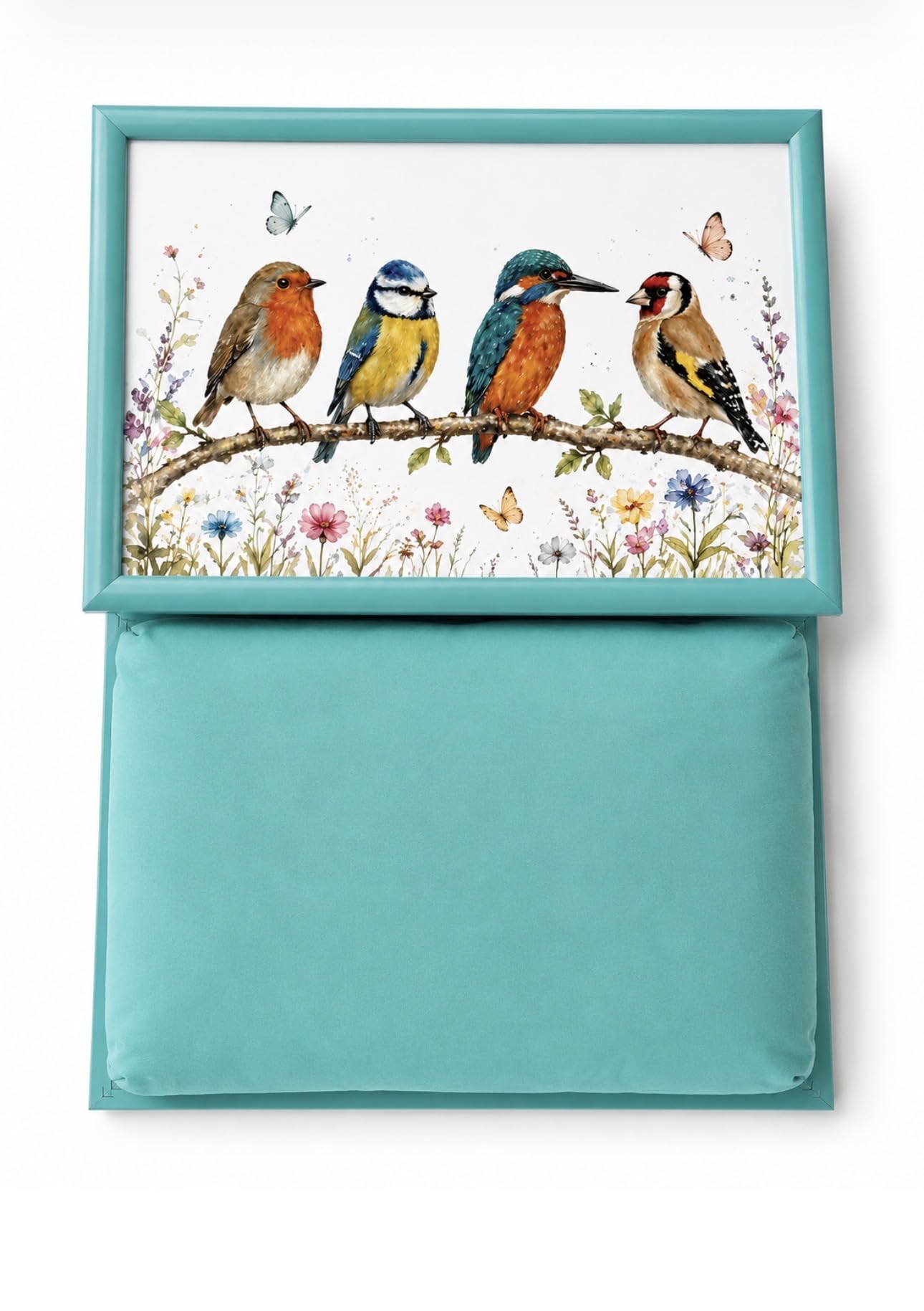 Garden Birds Cushioned Lap Tray, Turquoise Frame, Floral Bird Design โ image 1