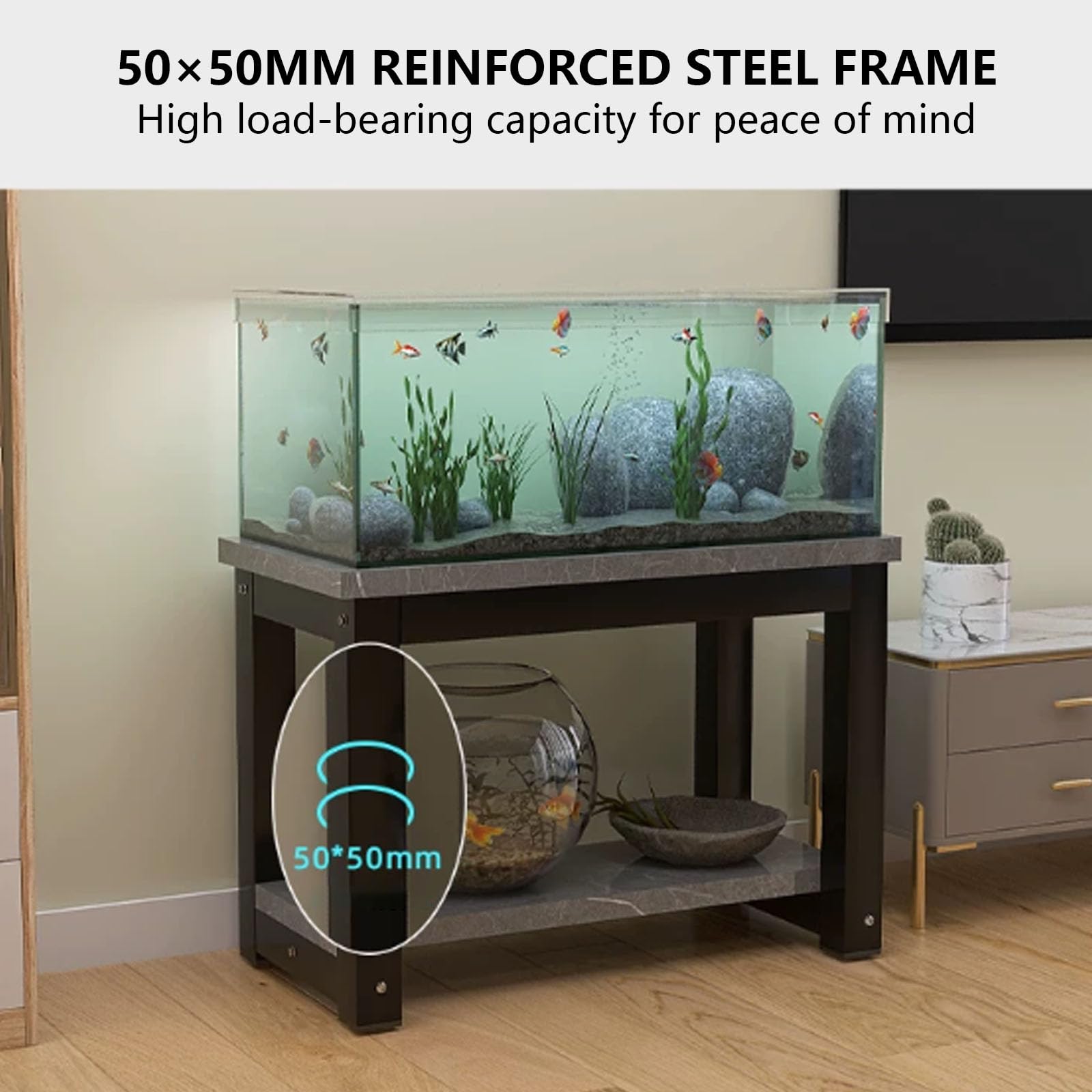 Soporte Suelo para Pecera Soporte Acuario 2 Capas Mesa para Acuario FáCil Montar Acero Engrosado 5 X 5 Cm Gran Capacidad Carga Adecuado para Uso DoméStico Black + Grey Stone Veins 50x30cm/19.7x11.8in
