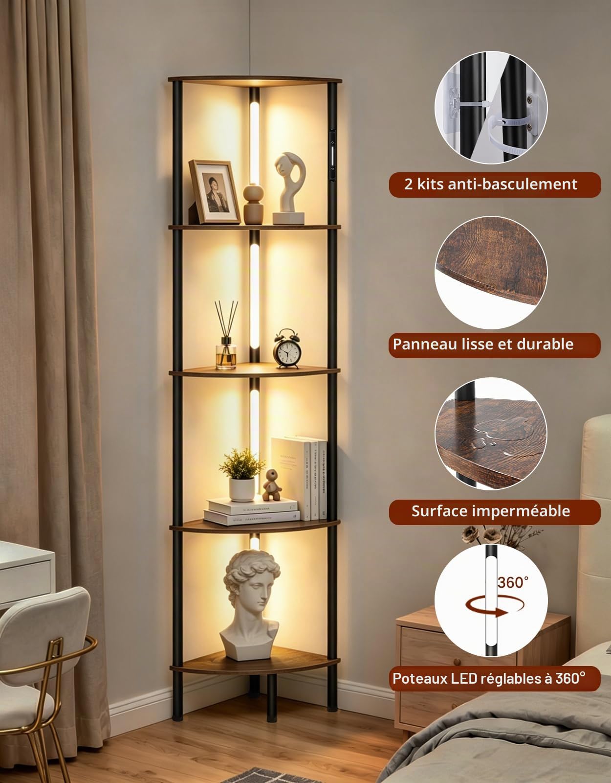 Lampadaire d’Angle LED avec Étagères 5 Niveaux, Commande Tactile et Télécommande, 3 Températures de Couleur, Intensité Réglable, pour Salon, Chambre ou Bureau
