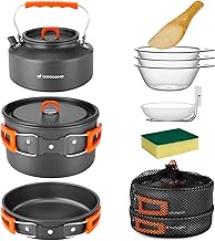 Odoland Camping Kochgeschirr Set, 10 Teilige Outdoor Geschirr Set mit Camping Topf, Camping Bratpfanne und Teekannen für Camping Outdoor Kochen Wandern Reisen