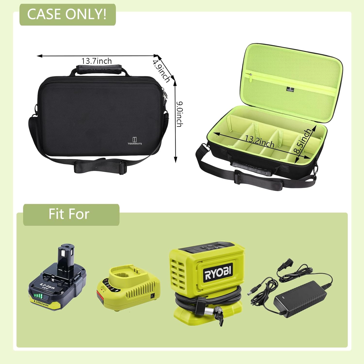 Tourmate Hard Storage Case for Ryobi RPI18-0 High Pressure Compressor Battery - Travel Case for Ryobi 18V ONE+ HIGH Pressure Digital INFLATOR, PCL001B(Box for Sale) (Black & Green, M)