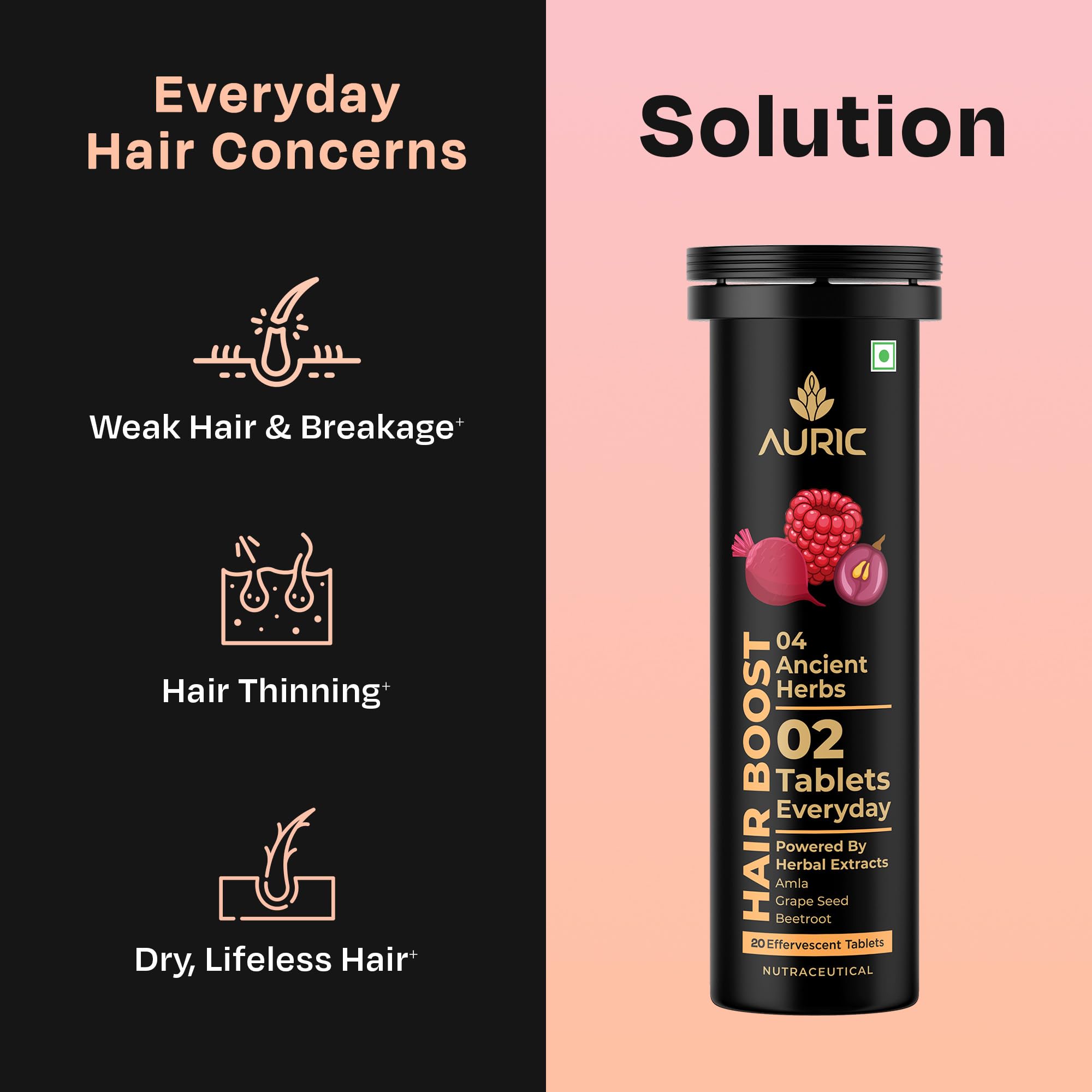 Auric Hair Boost Effervescent Tablets 60 Count | Ayurvedic Formula for Hair Fall Control | Biotin, Zinc, Beetroot & Grapeseed Extracts & Herbal Extracts | Hair Growth & Strength Support — Amazon image 4