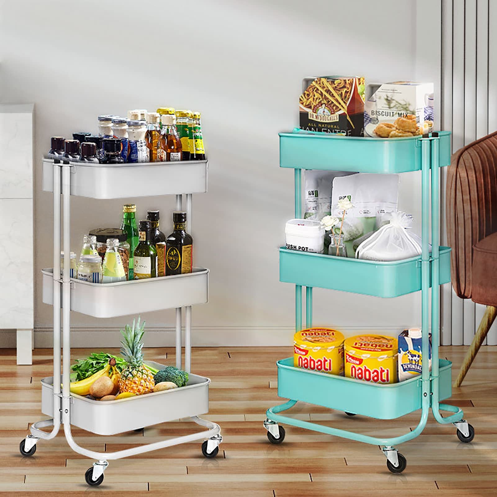 Carro utilitario de almacenamiento con ruedas, carro rodante de 3 niveles, estantes de almacenamiento móviles para oficina, garaje, cocina, hogar, baño,Azul