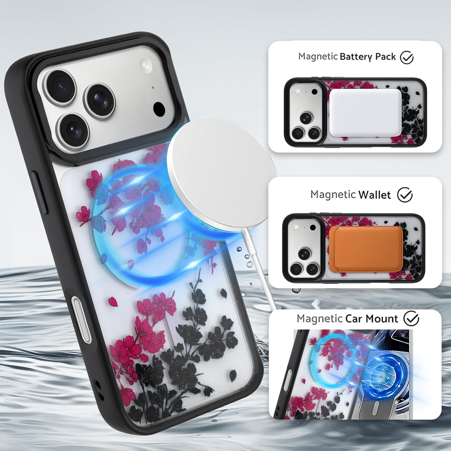OOK Case Fit for iPhone 17 Pro Max 6.9 Inch (Compatible with MagSafe) Clear Glitter Phone Cover with Hot Pink Floral Flowers Design Soft TPU + Hard PC Anti-Scratch Shockproof Magnetic Case for Women