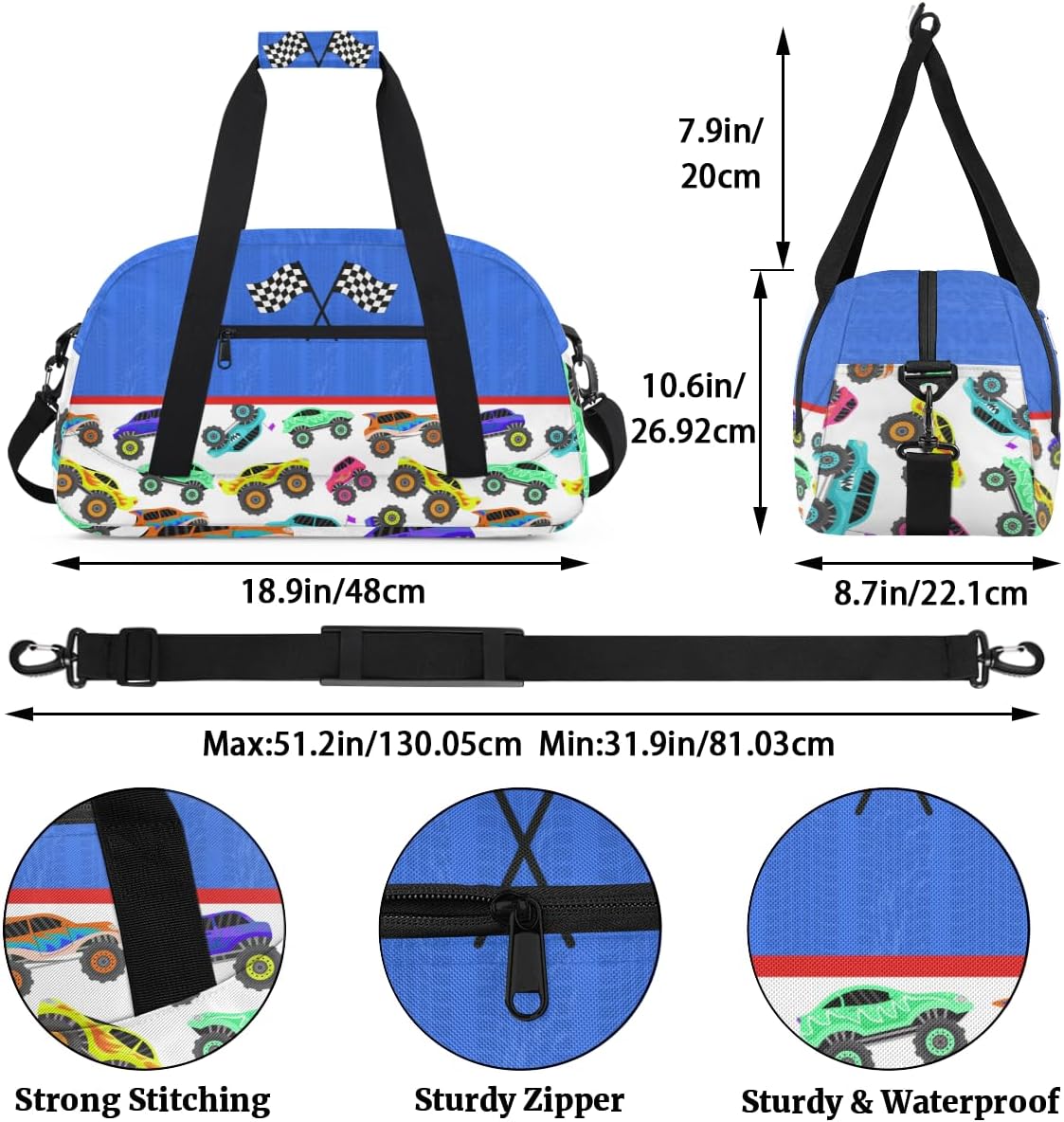 Kids Overnight Duffel Bag Boys - Sport Gym Bag Travel Duffle Luggage Bag Water Resistant lightweight Carry On Weekender Tote for Practice Workout School Sleepover (Racing Truck Car)