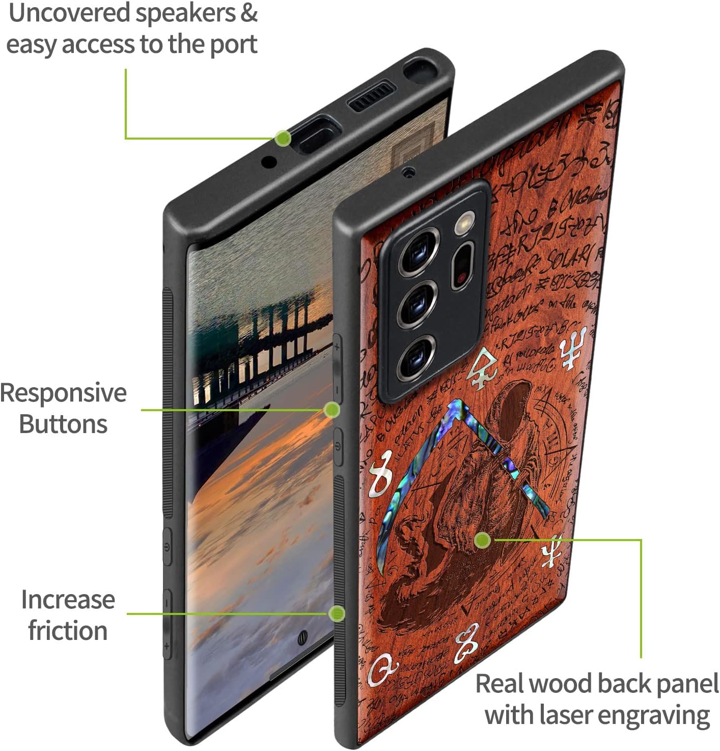 Carveit Designer Wooden Case for Samsung Galaxy Note20 Ultra Case Cover [Wood Engraving & Shell Inlay] Compatible with Wireless Chargers Galaxy Note20 Ultra (Grim Reaper)