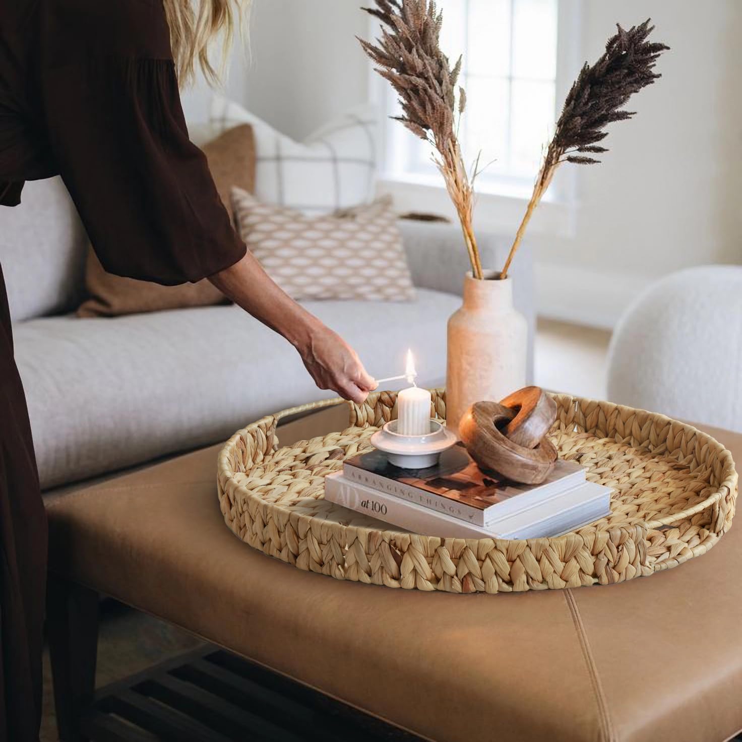 Extra Large Round Ottoman Table Tray with Handles - 19.7" Handmade Wicker Serving Hand Woven Tray for Farmhouse Decorative Oversized Coffee Table Trays Living Room Kitchen Counter Breakfast