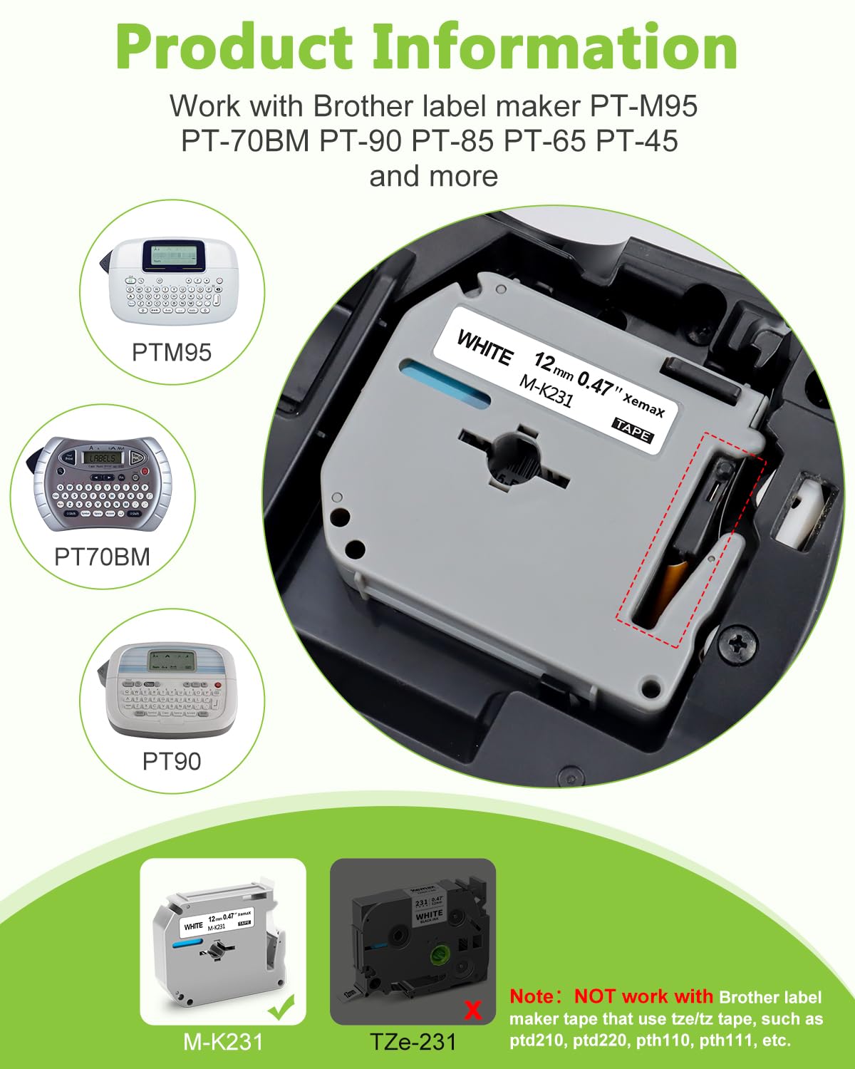 12mm 1/2 Inch P-touch Tape 5-Pack Brother M-K231 Label Tape