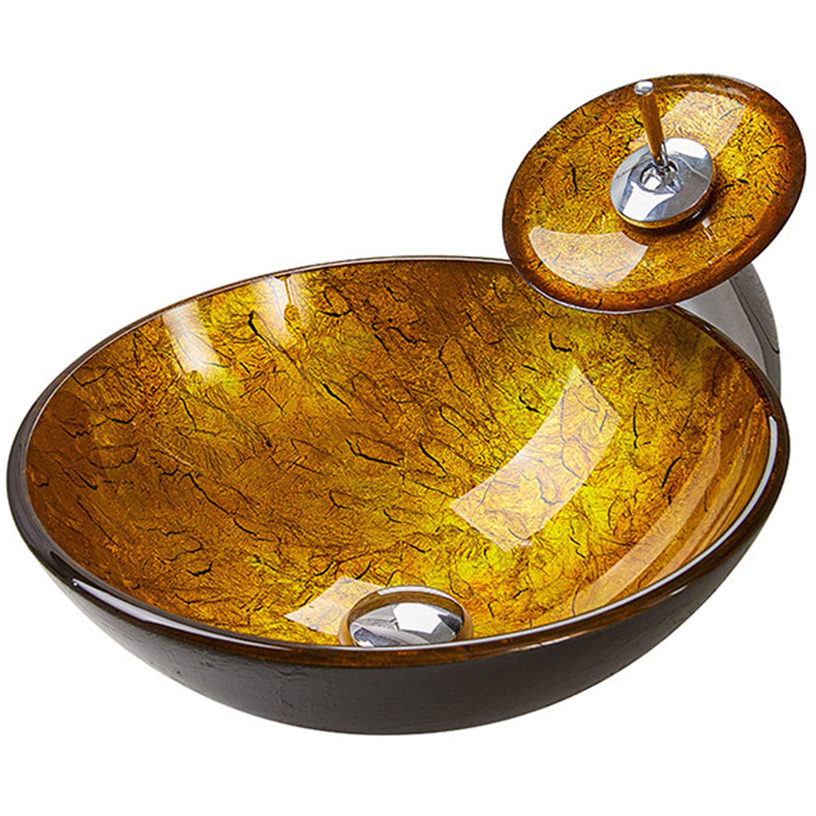 CWCQGH Bathroom Vessel Sink,Artistic Tempered Glass Vessel Sink Bowl Countertop Bathroom Basin with Pop Up Drain Combo & Waterfall Faucet,Gold