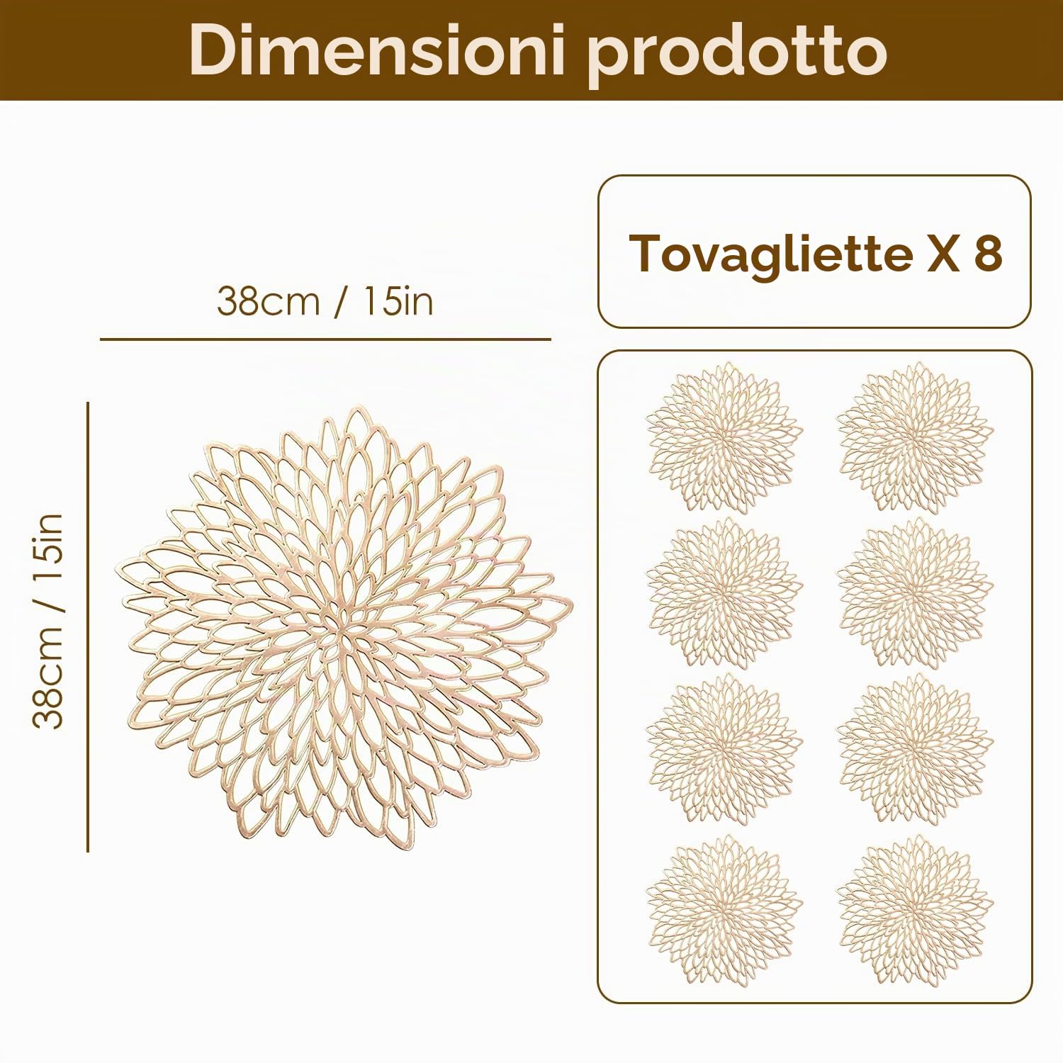 8 Pezzi Tovaglietta per Fiori Rotonda, Tovaglietta Dorate Hollow in PVC, Tovaglietta Rotonda Impermeabile per Presina Piatto, Decorazione da Tavola, Matrimonio, Ristorante(15 Pollici)