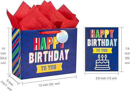 Miniatura 2 de WRAPAHOLIC Bolsa de regalo de cumpleaños extra grande de 16 pulgadas con tarjeta y papel de seda, diseño de rayas coloridas