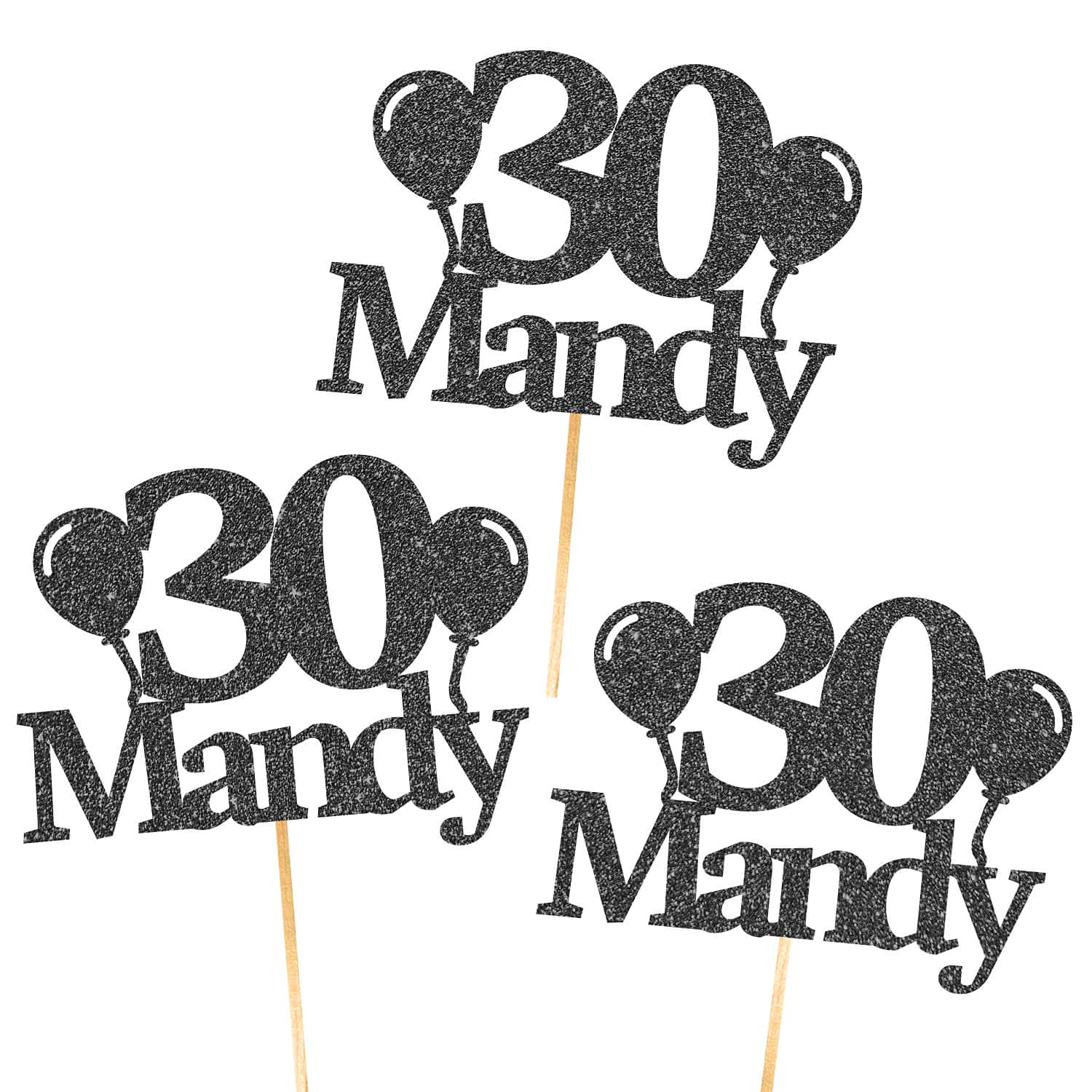6X Personalised, Double Sided, Handmade Happy Birthday Glitter Cupcake Toppers by Cakeshop | Custom Colour Any Name & Age Balloons 480gsm Glitter Cupcake Decorations | Black