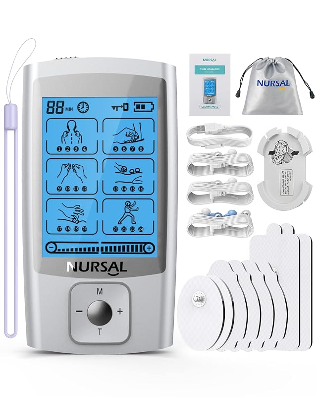 NURSAL 24 Modes TENS Unit Muscle Stimulator with Continuous Stimulation Rechargeable Electronic Pulse Massager with 8 Pads for