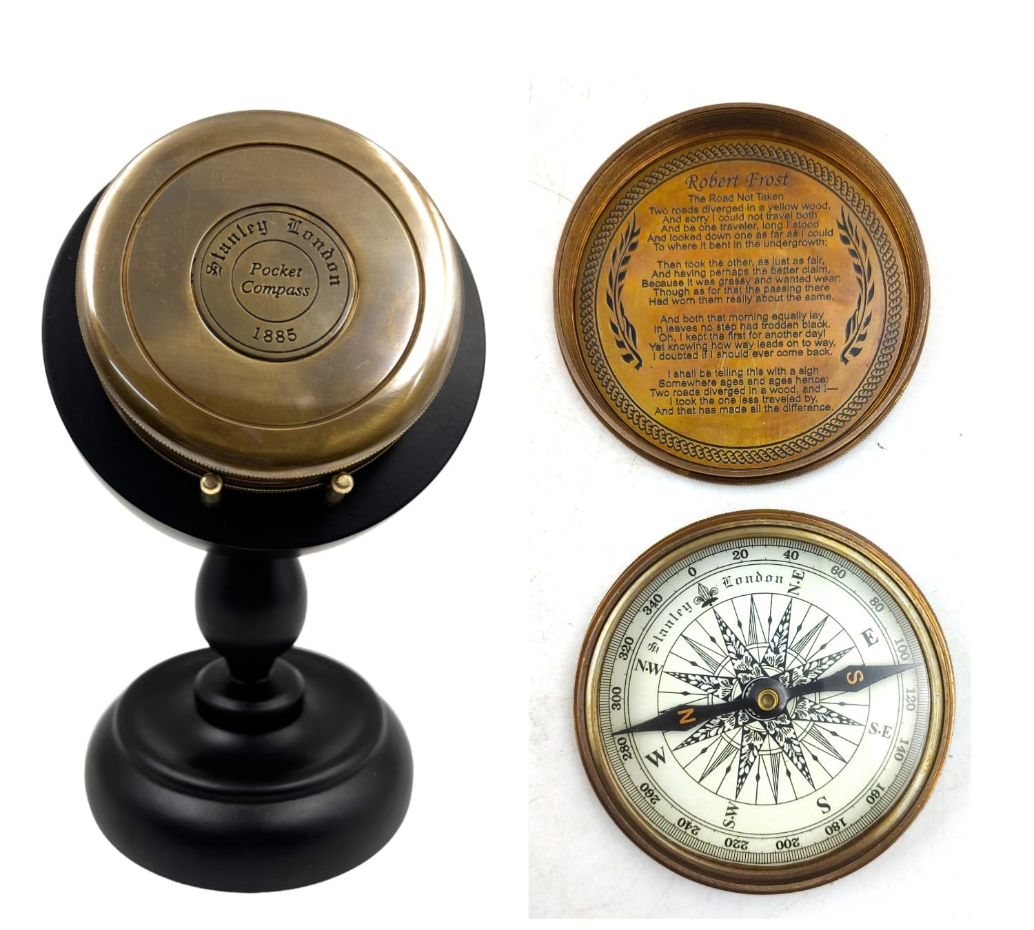 Brass Poem Compass 3" Nautical Marine Compass with Wood Display Stand-picture-12