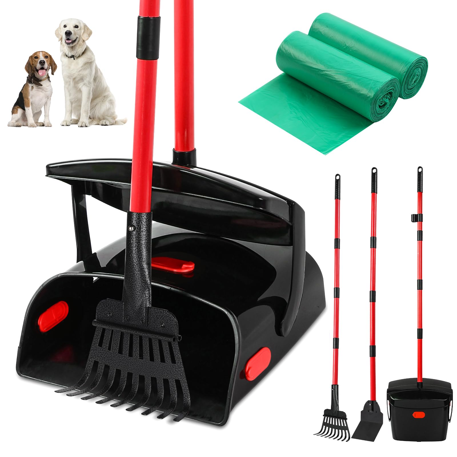 Pooper Scooper for Large Dogs Heavy Duty, Dog Pooper Scooper for Medium Small Dogs with Long Handle to Clean Pet Waste, Swivel Bin & Rake & Spade with 40 Waste Bags for Yard Outdoor(Red)