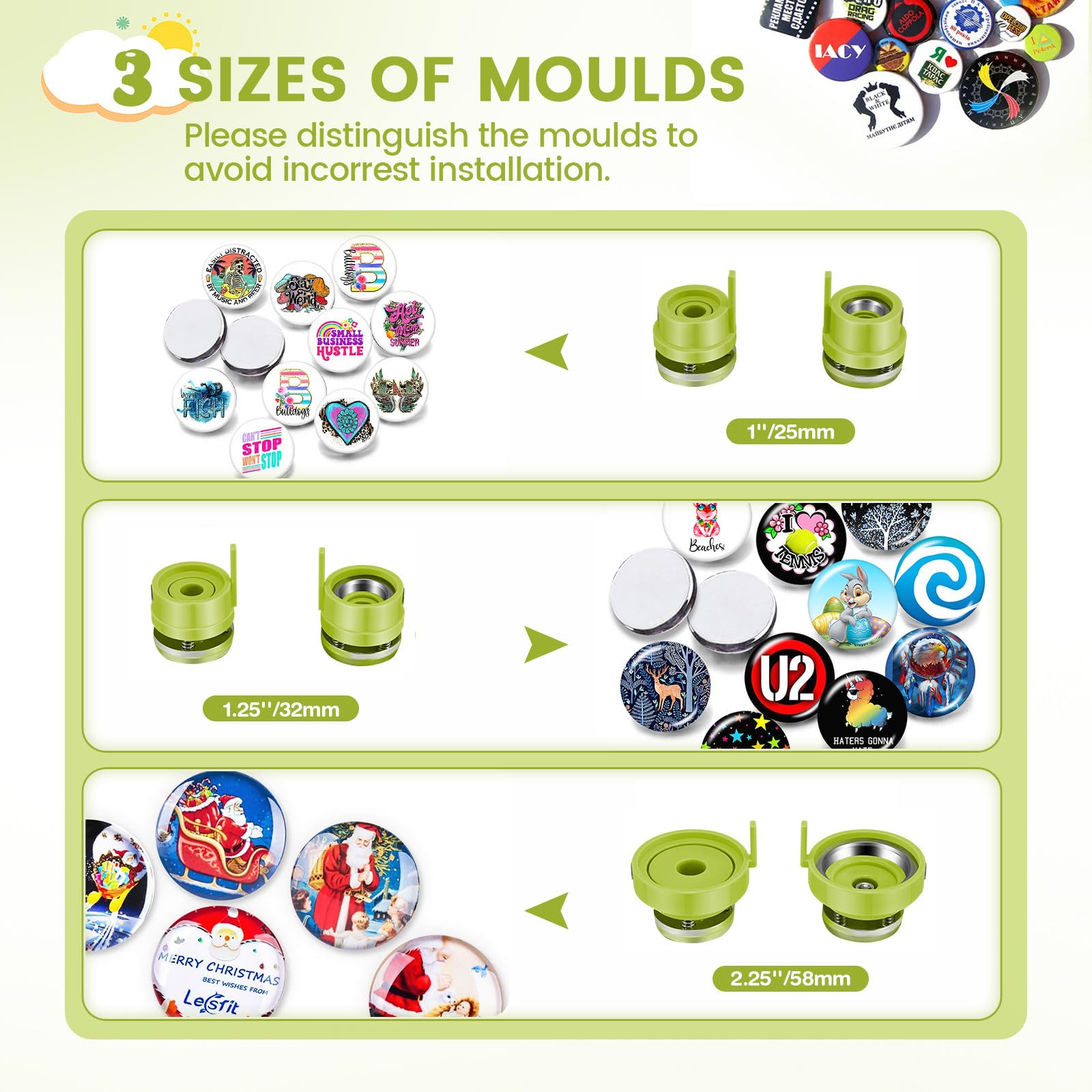 Macchina per badge Button Maker 25 + 32 + 58 mm, 300 set di spilli in metallo, con stampe, rondella in plastica e taglierina per carta rotonda (verde)