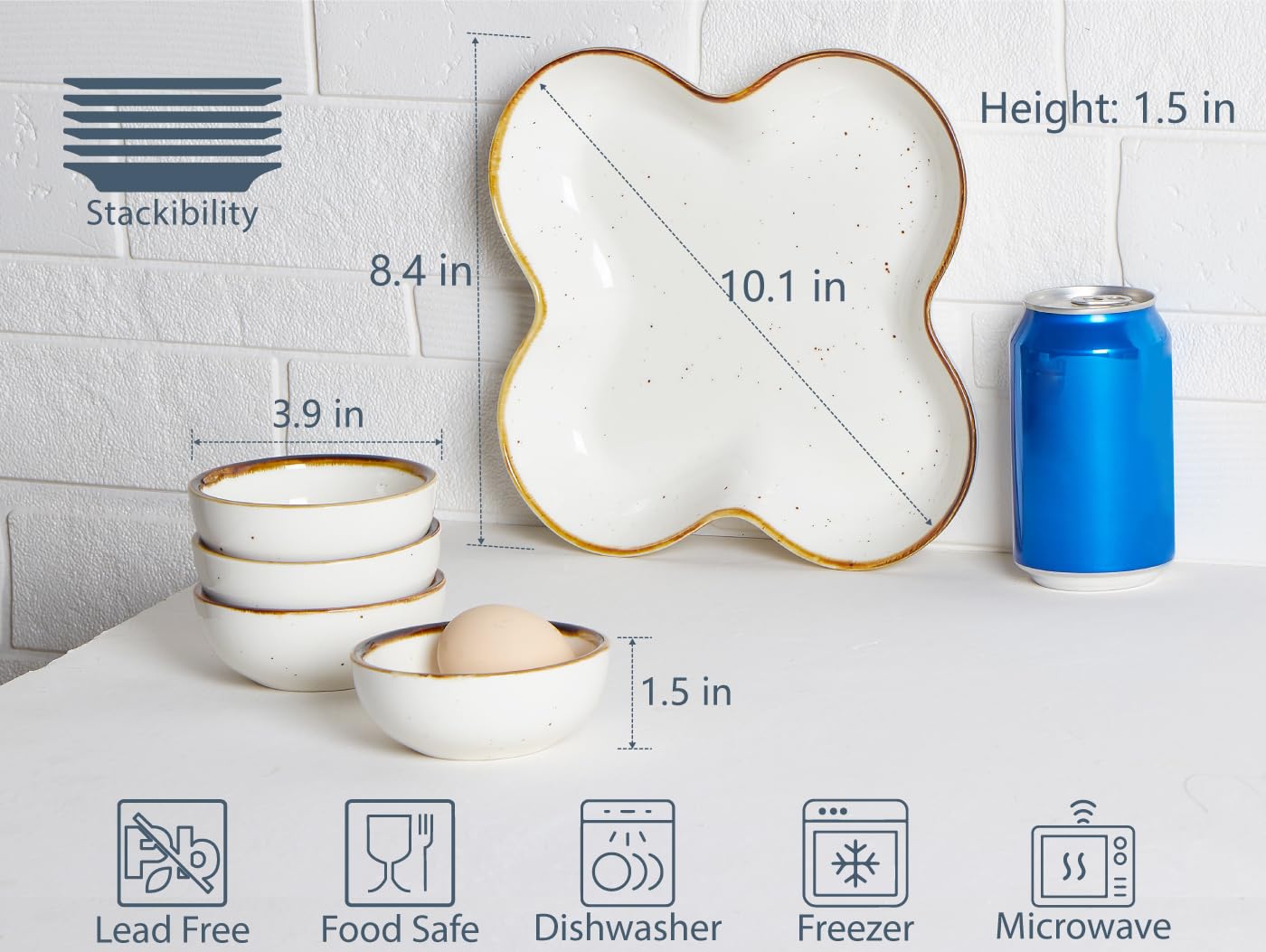 Condition photo showing New/Like New for onemore chip and dip serving set, 8.5 inch ceramic divided serving platter large appetizer tray with 4 removable dishes for nuts, candy, snacks, veggies - creamy white serving bowls for entertaining