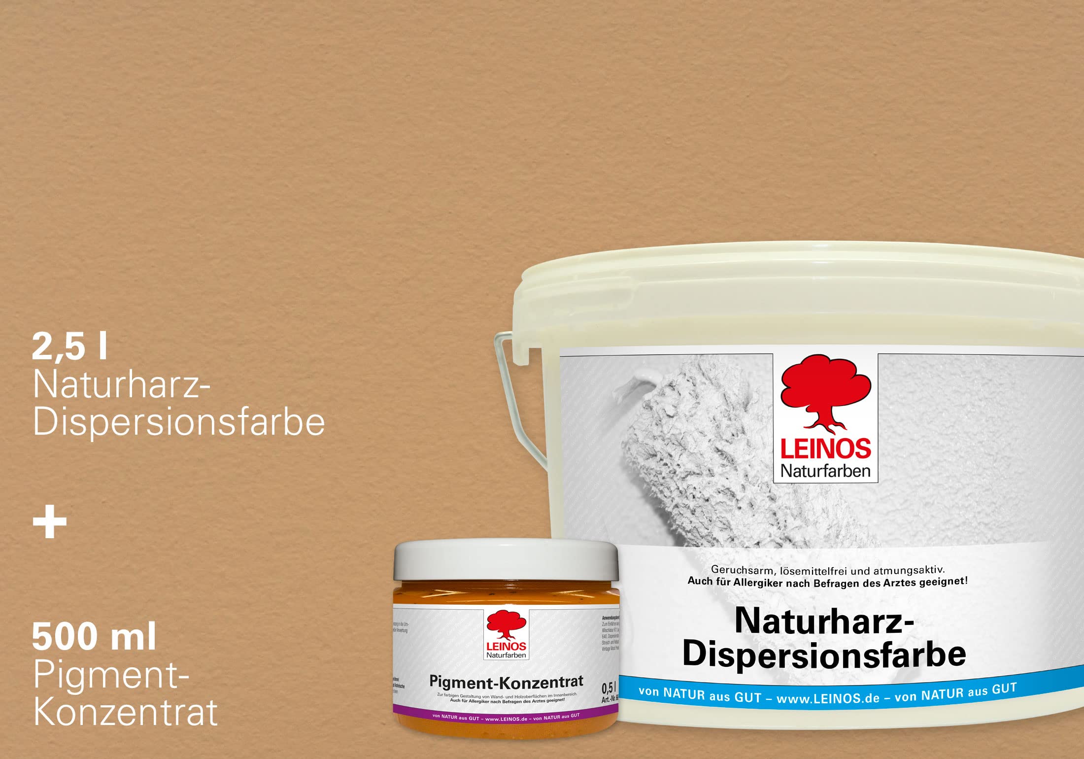 LEINOS Set de pintura para paredes (2,5 l, resina natural de emulsión 660 + 500 ml, pigmento concentrado 668.311), color ocre