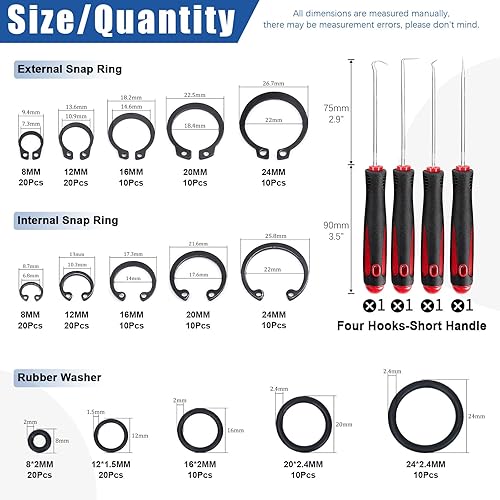 Miniatura 2 de Glarks Juego de 225 alicates de anillo de presión resistentes, alicates de mandíbula rectos y doblados y anillos de retención de clip interno